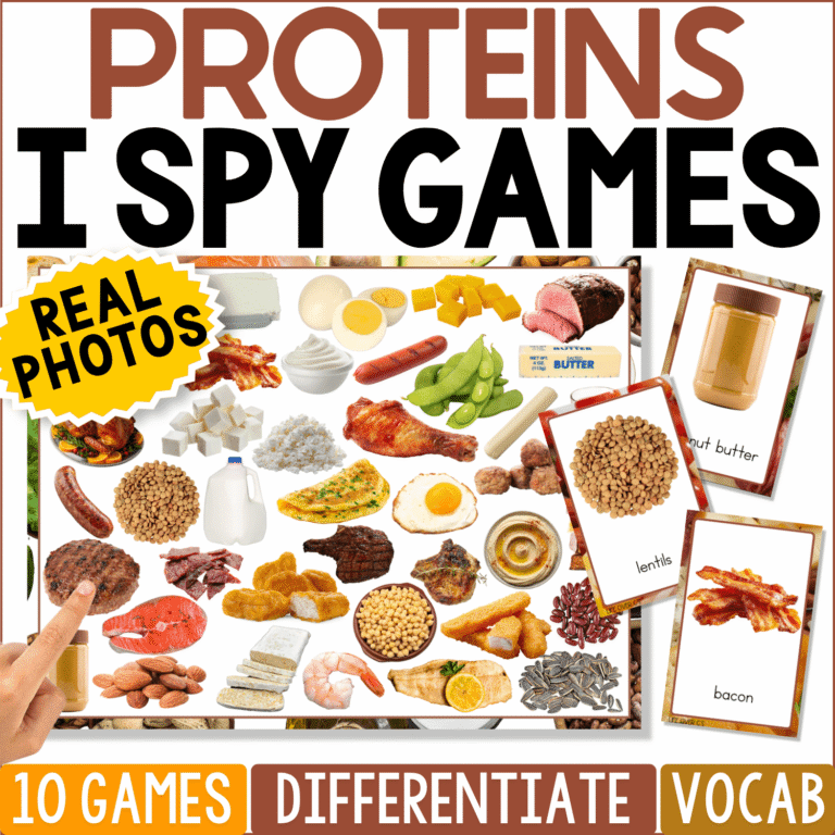 Protein I Spy Games with real photos of kid-friendly protein foods including eggs, cheese, beans, meat, nuts, fish, tofu, and yogurt. The printable vocabulary game includes 10 I Spy game boards for visual discrimination, matching, and food vocabulary practice.