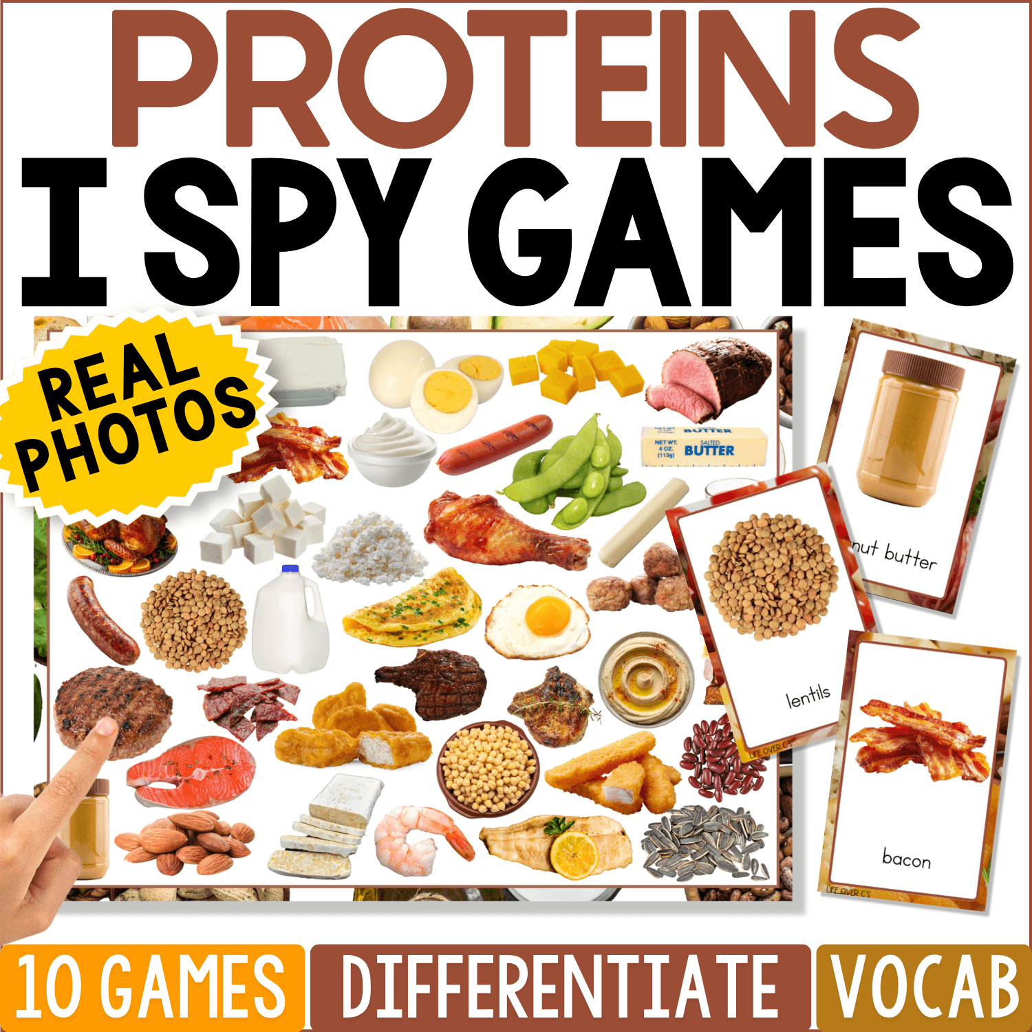 Protein I Spy Games with real photos of kid-friendly protein foods including eggs, cheese, beans, meat, nuts, fish, tofu, and yogurt. The printable vocabulary game includes 10 I Spy game boards for visual discrimination, matching, and food vocabulary practice.