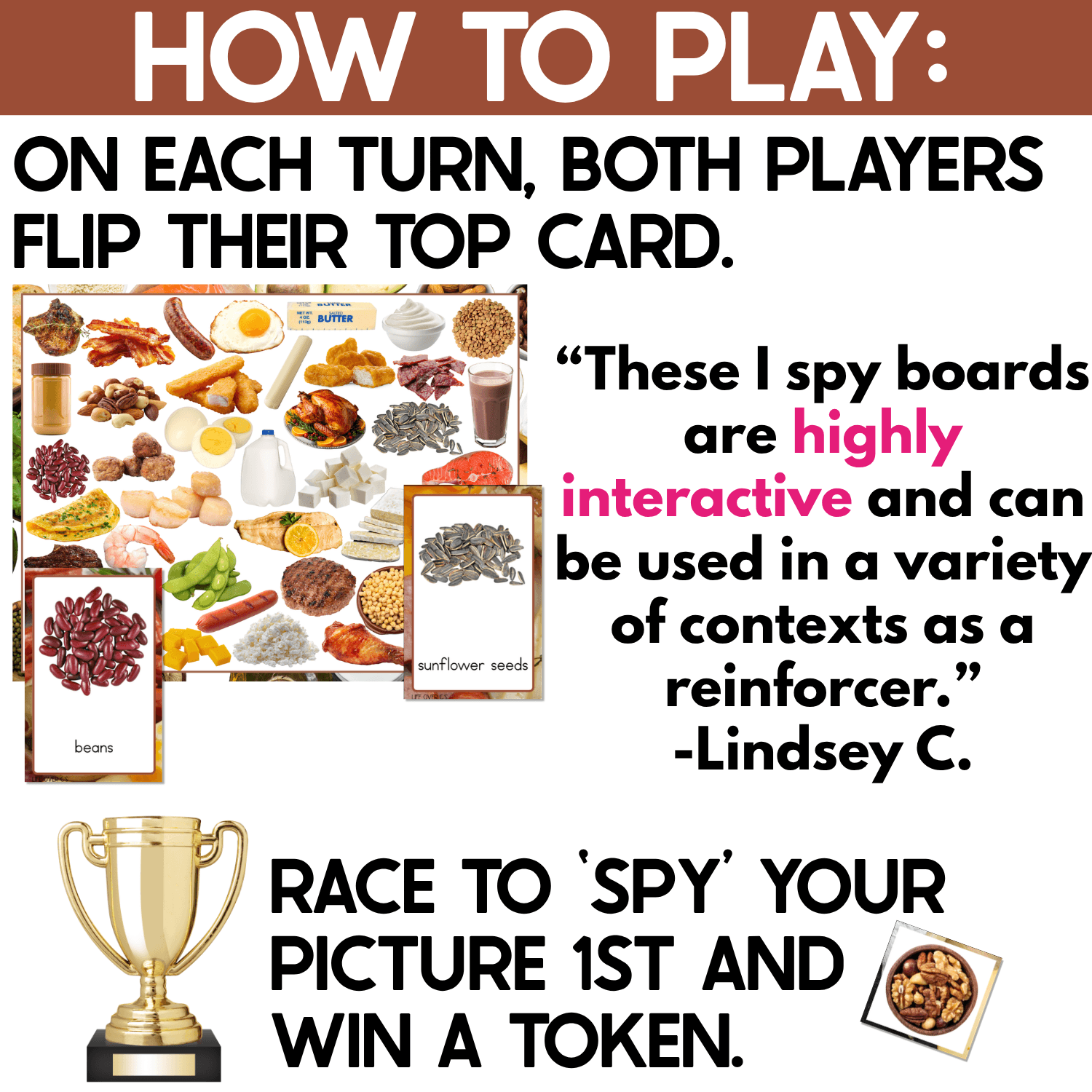 Protein I Spy game instructions show players flipping their top food card, searching the real photo game board, and racing to find the matching protein food first to win a token. The interactive game practices vocabulary, visual scanning, matching, attention, and turn-taking.