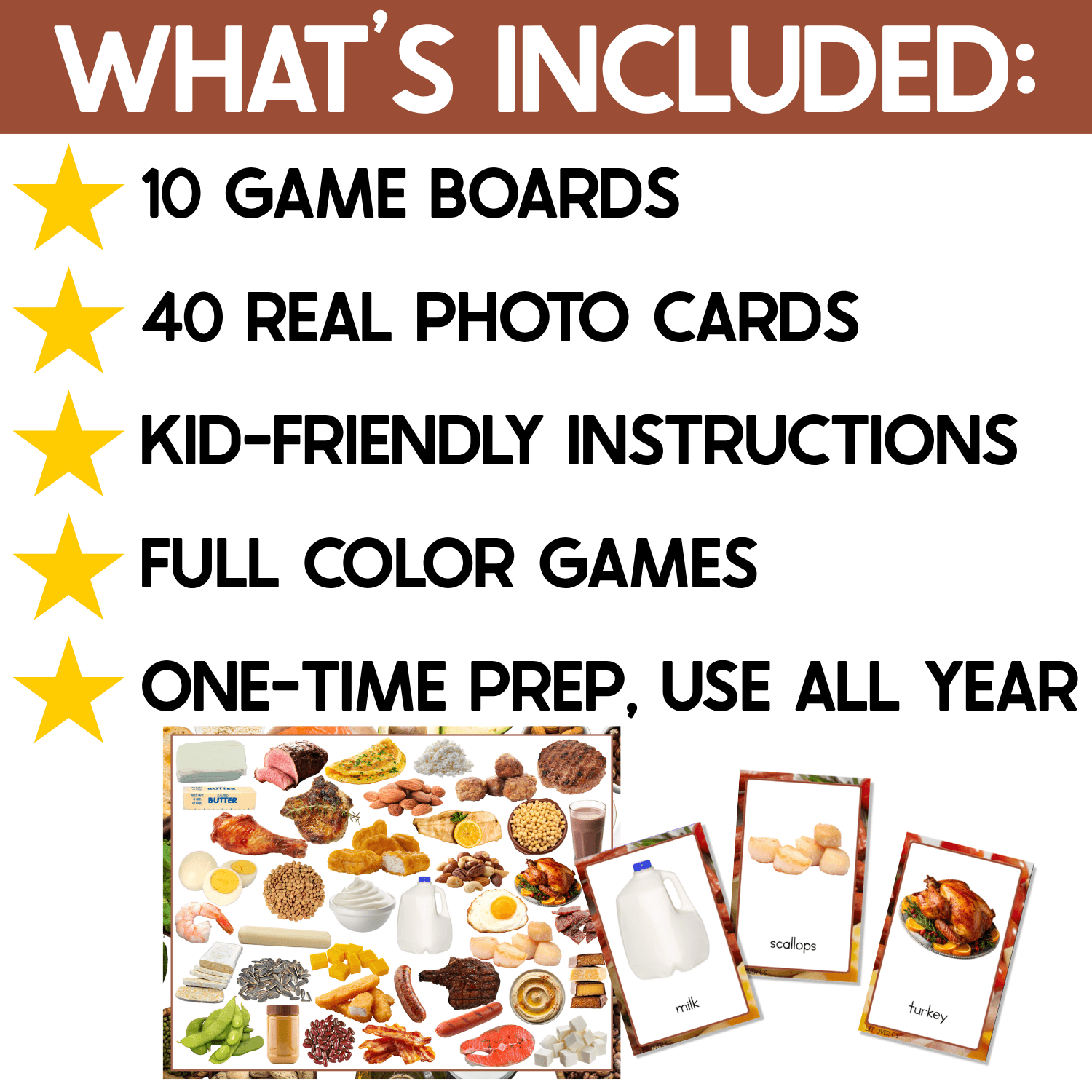 What’s included in the Protein I Spy Board Game: 10 game boards, 40 real photo cards, kid-friendly instructions, and full-color printable games. Protein food photos support vocabulary, matching, visual scanning, and differentiated learning.
