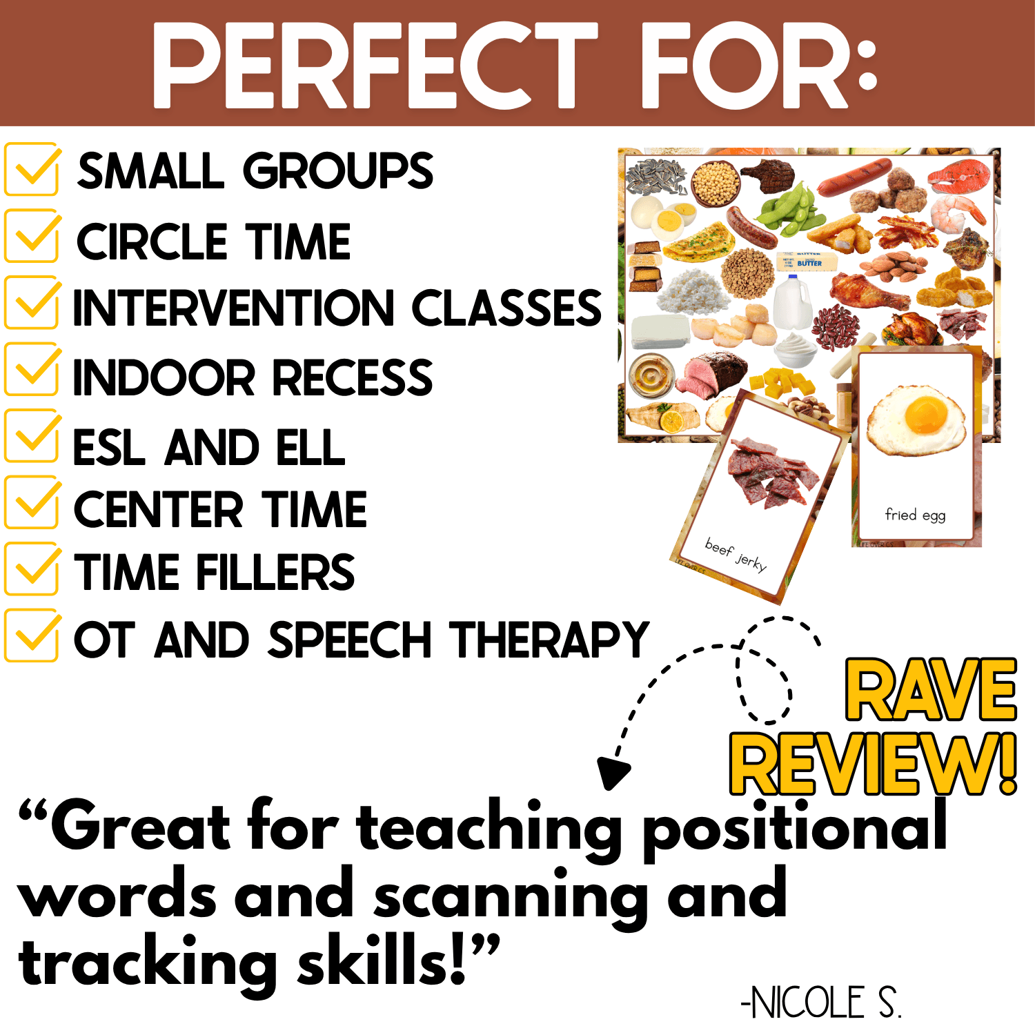 Protein I Spy vocabulary game shown with a real photo game board and food cards featuring nut butter, bacon, and fried egg. Designed for small groups, circle time, intervention, ESL and ELL, centers, indoor recess, time fillers, OT, and speech therapy.