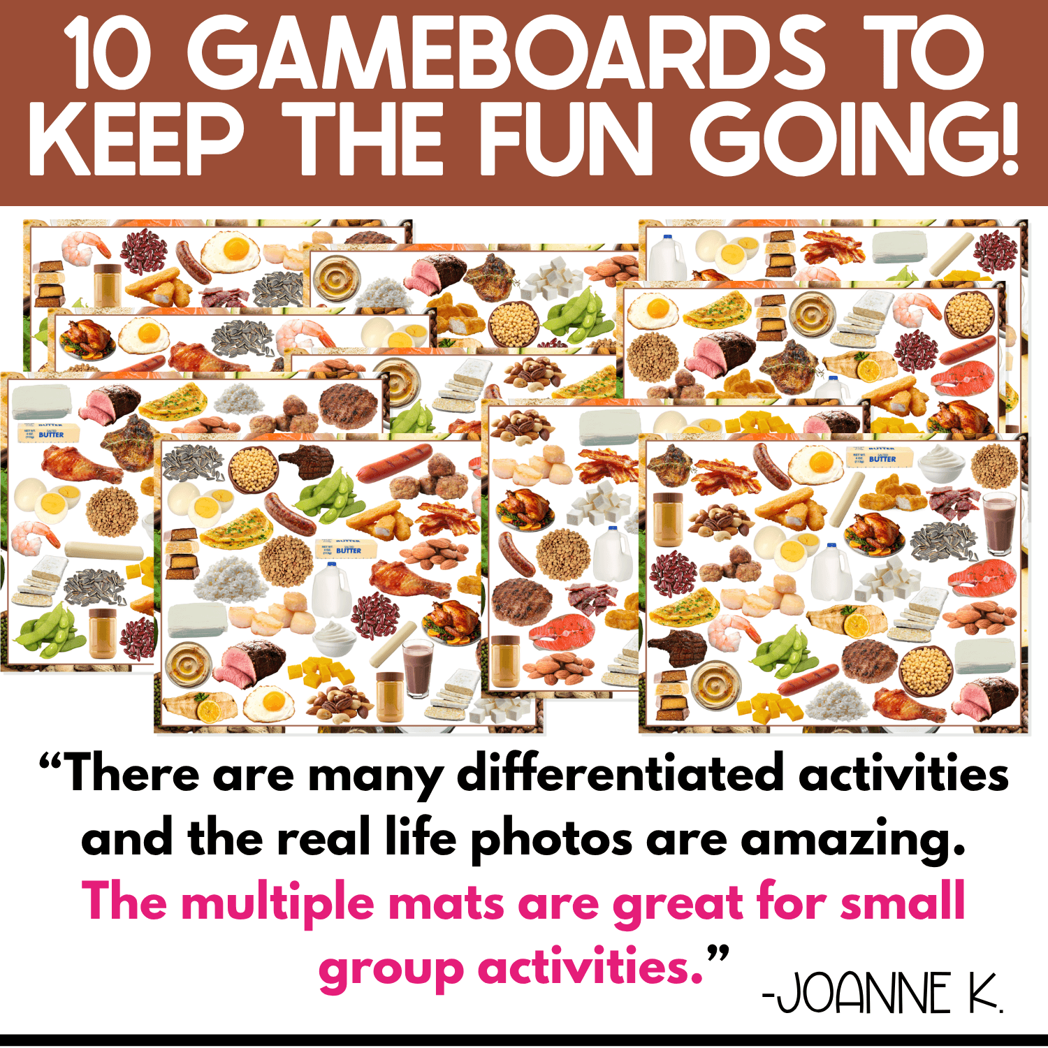 Ten differentiated Protein I Spy game boards filled with real photos of meats, beans, eggs, cheese, nuts, fish, tofu, and other protein foods. Multiple game boards make this visual discrimination and vocabulary activity useful for small group learning.
