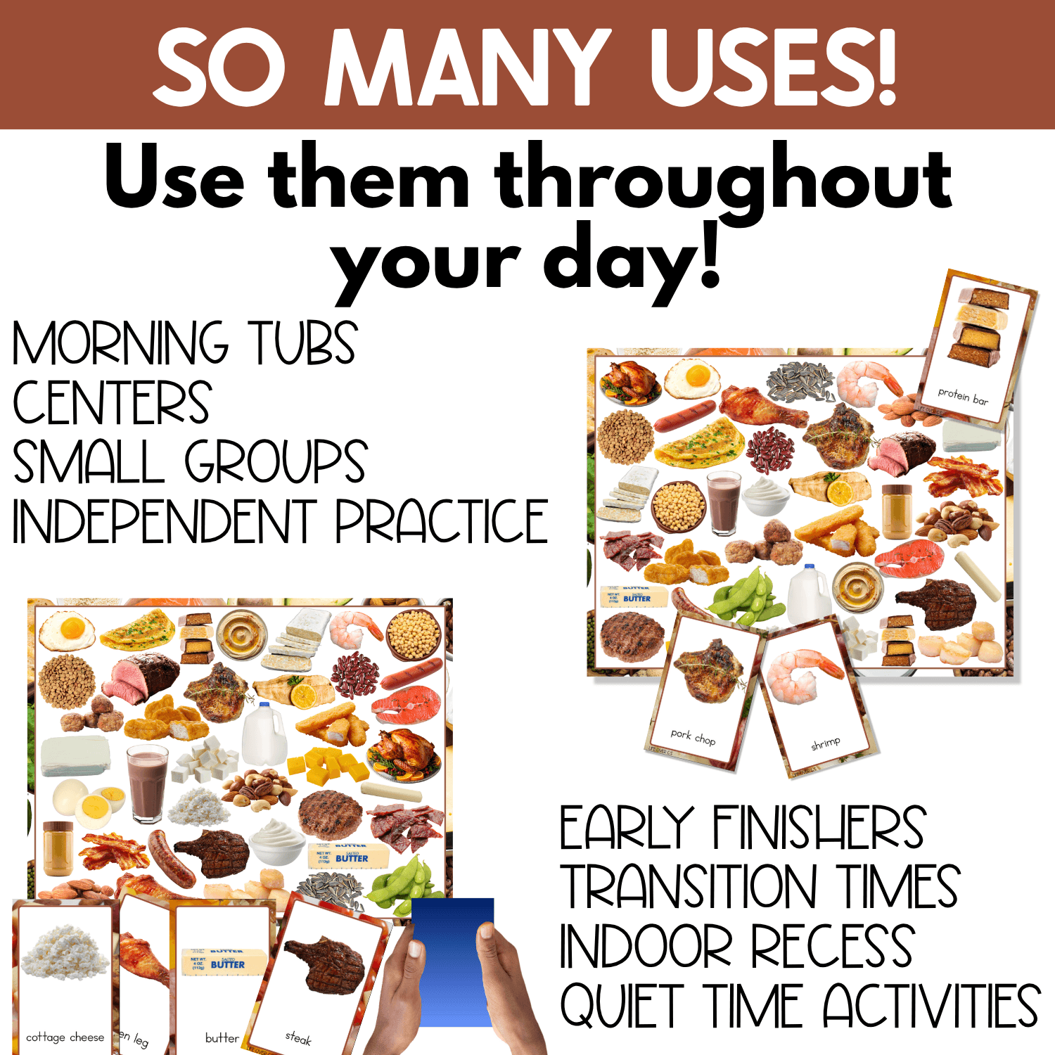 Protein I Spy game shown as a flexible activity for morning tubs, centers, small groups, independent practice, early finishers, transition times, indoor recess, and quiet time. Real food photos and matching cards build protein vocabulary and visual scanning skills.