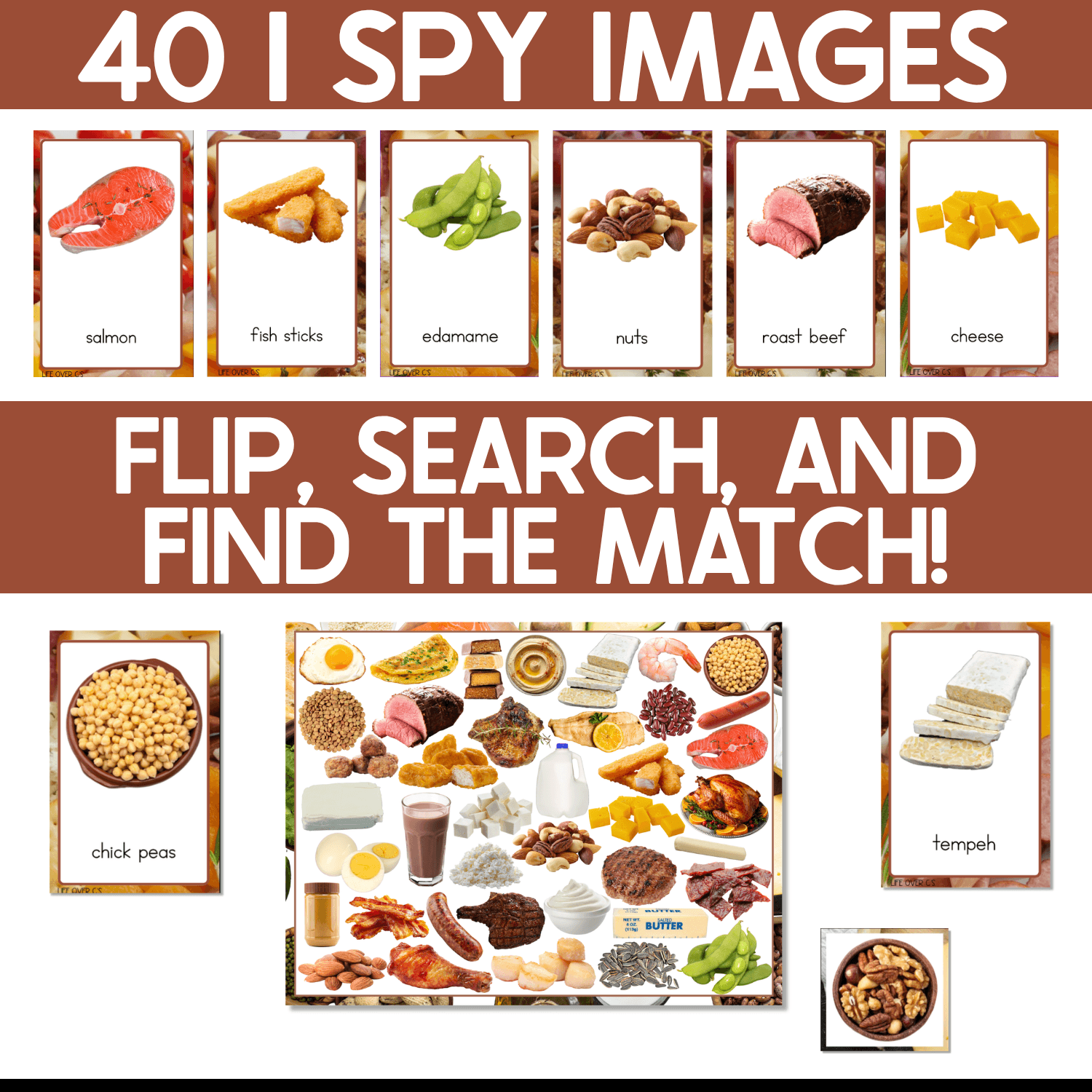Forty Protein I Spy picture cards feature real photos of foods such as salmon, fish sticks, edamame, nuts, roast beef, cheese, chickpeas, tempeh, beans, and other protein foods. Children flip a card, search the photo game board, and find the matching food.