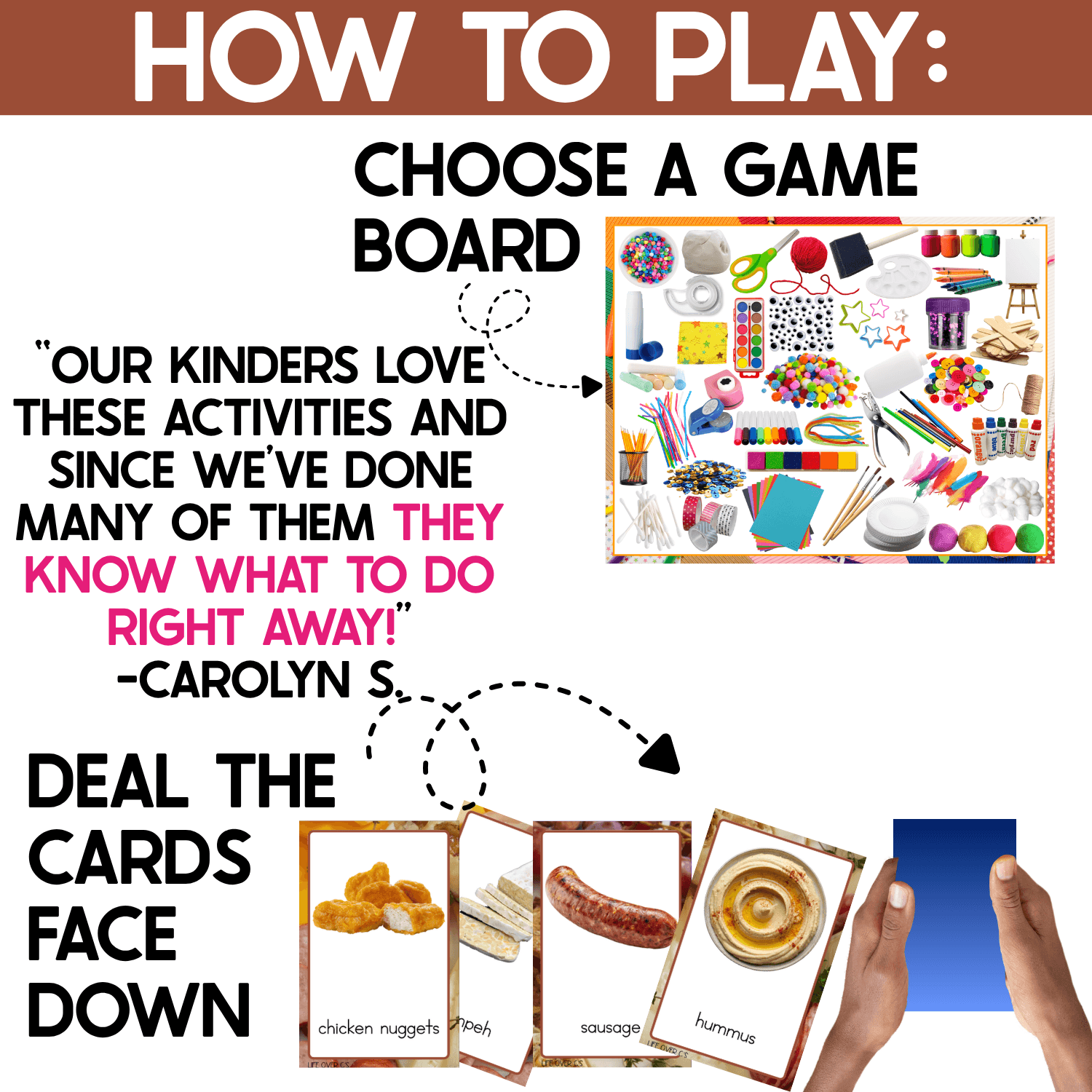 How to play the Protein I Spy Board Game: choose a real photo game board and deal the protein food picture cards face down between two players. The visual matching game uses recognizable food photos including chicken nuggets, sausage, and hummus.