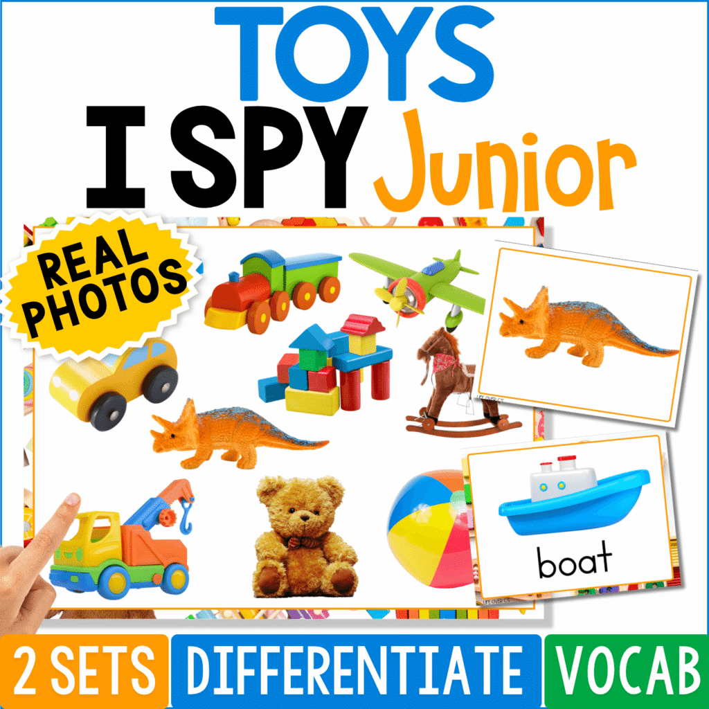 Toys I Spy Junior board game cover featuring real photos of a toy train, blocks, dinosaur, rocking horse, truck, teddy bear, beach ball, and toy boat for preschool vocabulary and visual discrimination practice.