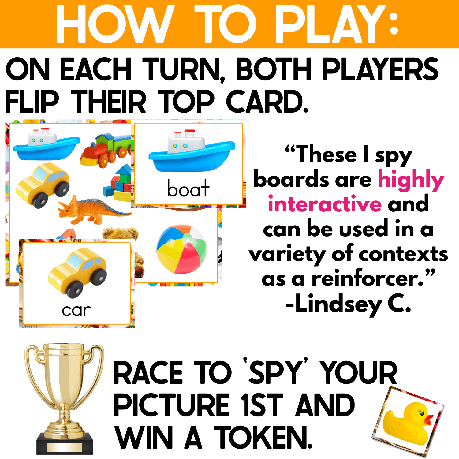 Toys I Spy Junior gameplay showing players flipping toy picture cards, searching a colorful real-photo game board, and racing to spy the matching toy first to win a token.
