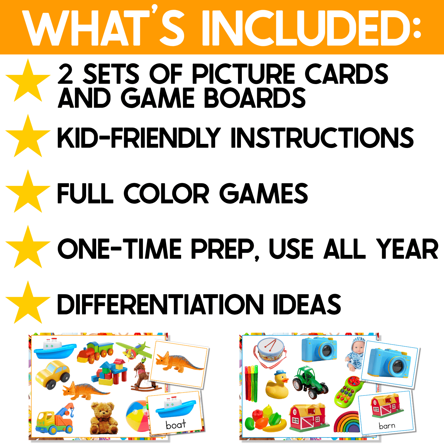 What’s included in the Toys I Spy Junior resource: two sets of real-photo toy picture cards and game boards, kid-friendly instructions, full-color games, and differentiation ideas for preschool play.