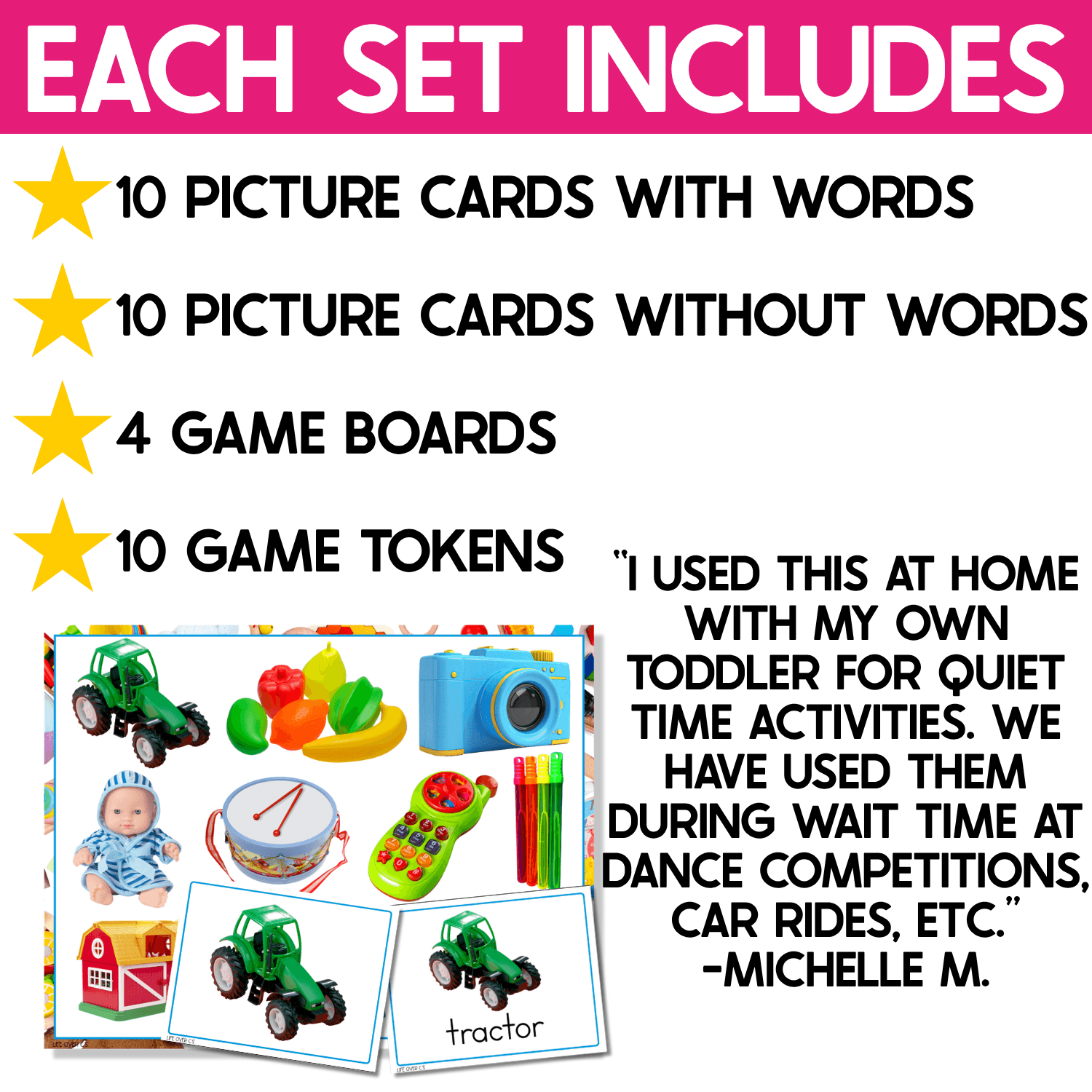 Toys I Spy Junior contents showing 10 picture cards with words, 10 picture-only cards, four game boards, and 10 tokens per set, with real photos of a tractor, baby doll, drum, camera, rainbow, duck, barn, and toy food.