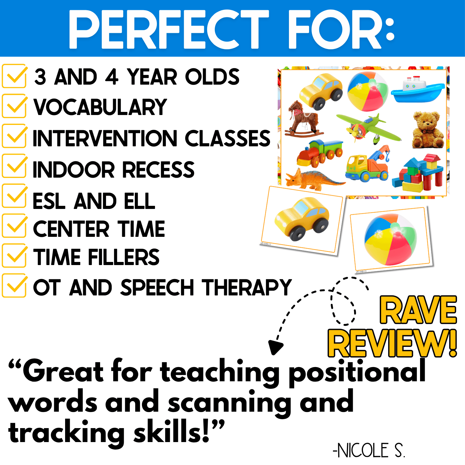 Toys I Spy Junior game for 3- and 4-year-olds featuring real-photo toy boards and car and ball picture cards for vocabulary, visual scanning, intervention, ESL and ELL, centers, OT, and speech therapy.