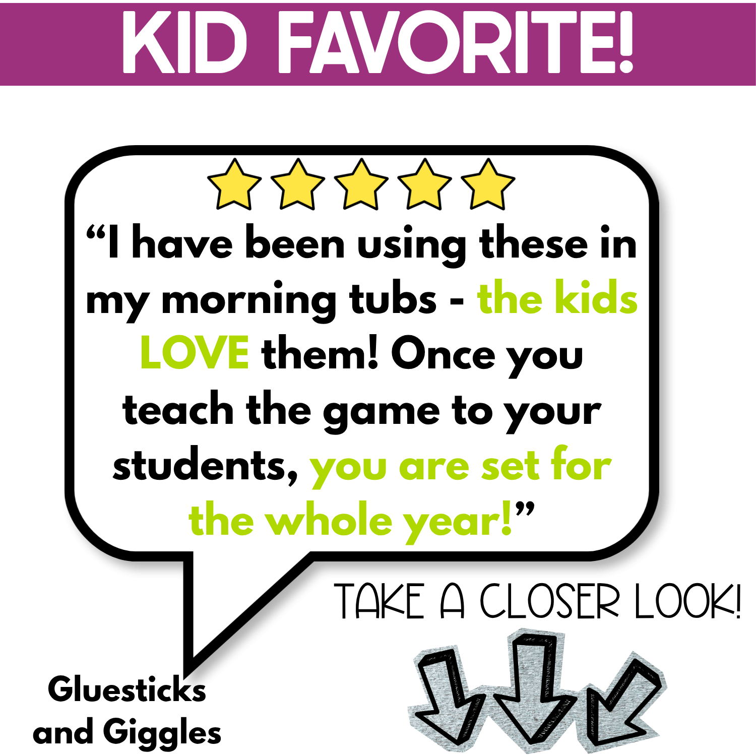 Kid Favorite review graphic for the Toys I Spy Junior board game highlighting morning tub use and repeat classroom play after preschoolers learn the simple I Spy matching routine.