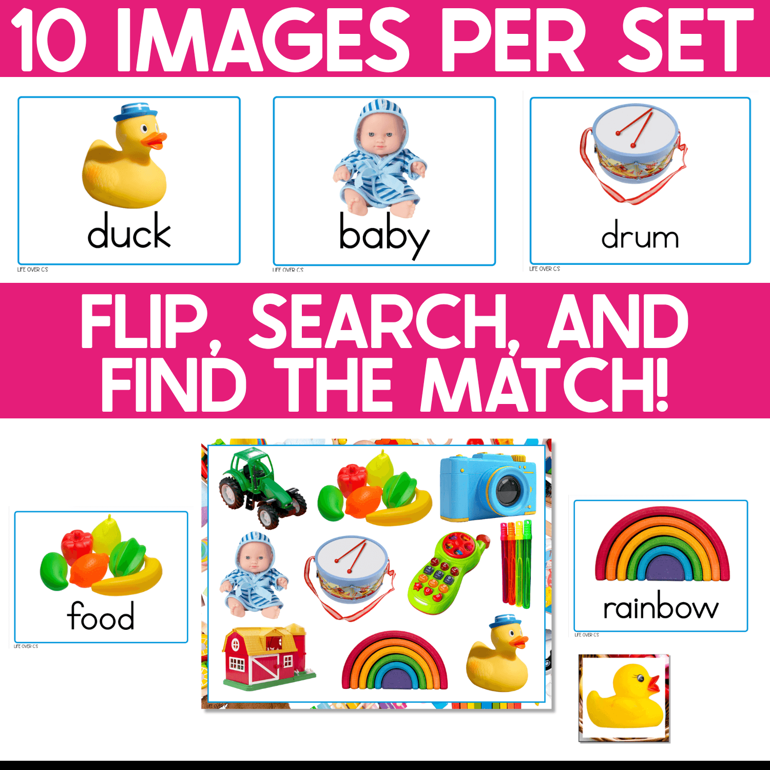 Toys I Spy Junior matching game example featuring real-photo cards for duck, baby doll, drum, toy food, and rainbow as children flip a card, search the toy game board, and find the matching picture.