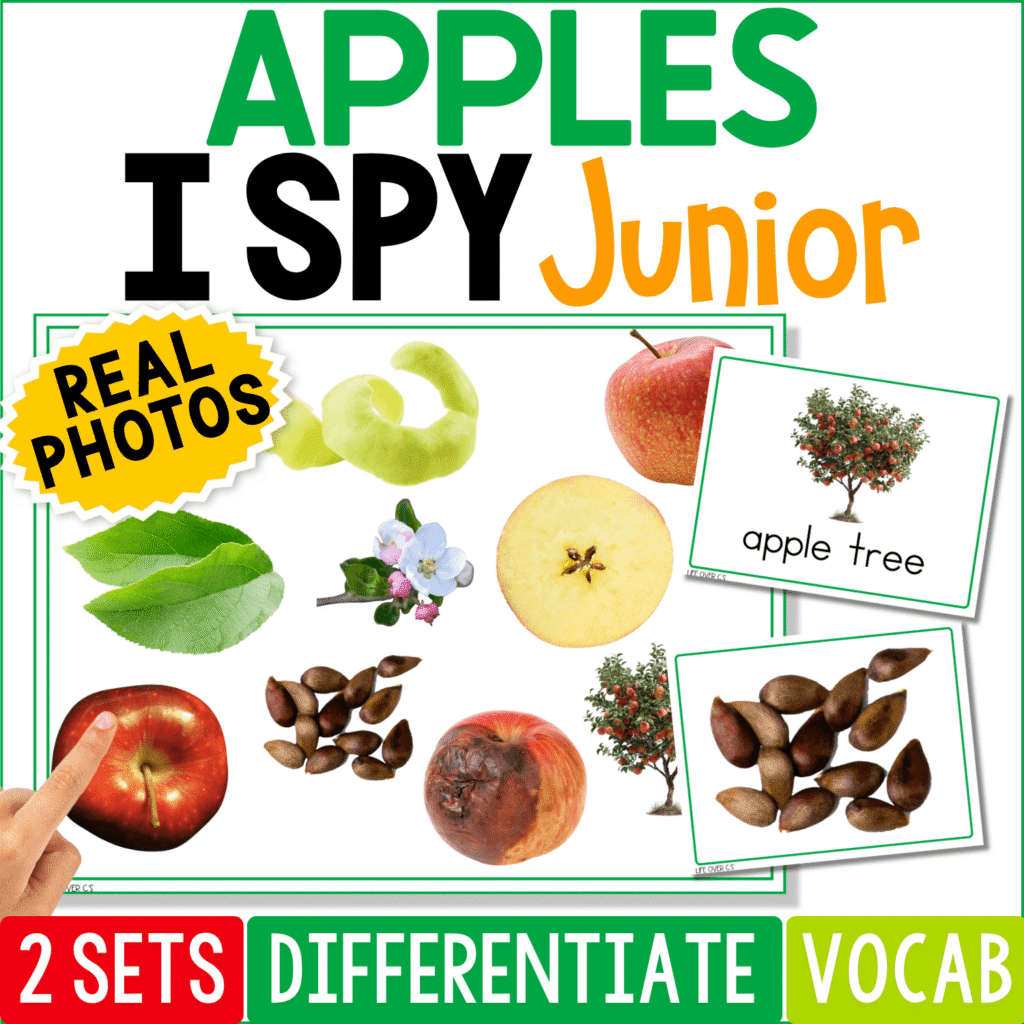 Apples I Spy Junior board game cover featuring real photos of a red apple, green apple peel, apple seeds, apple blossom, apple slice, rotten apple, and apple tree picture cards for preschool vocabulary and visual discrimination practice.