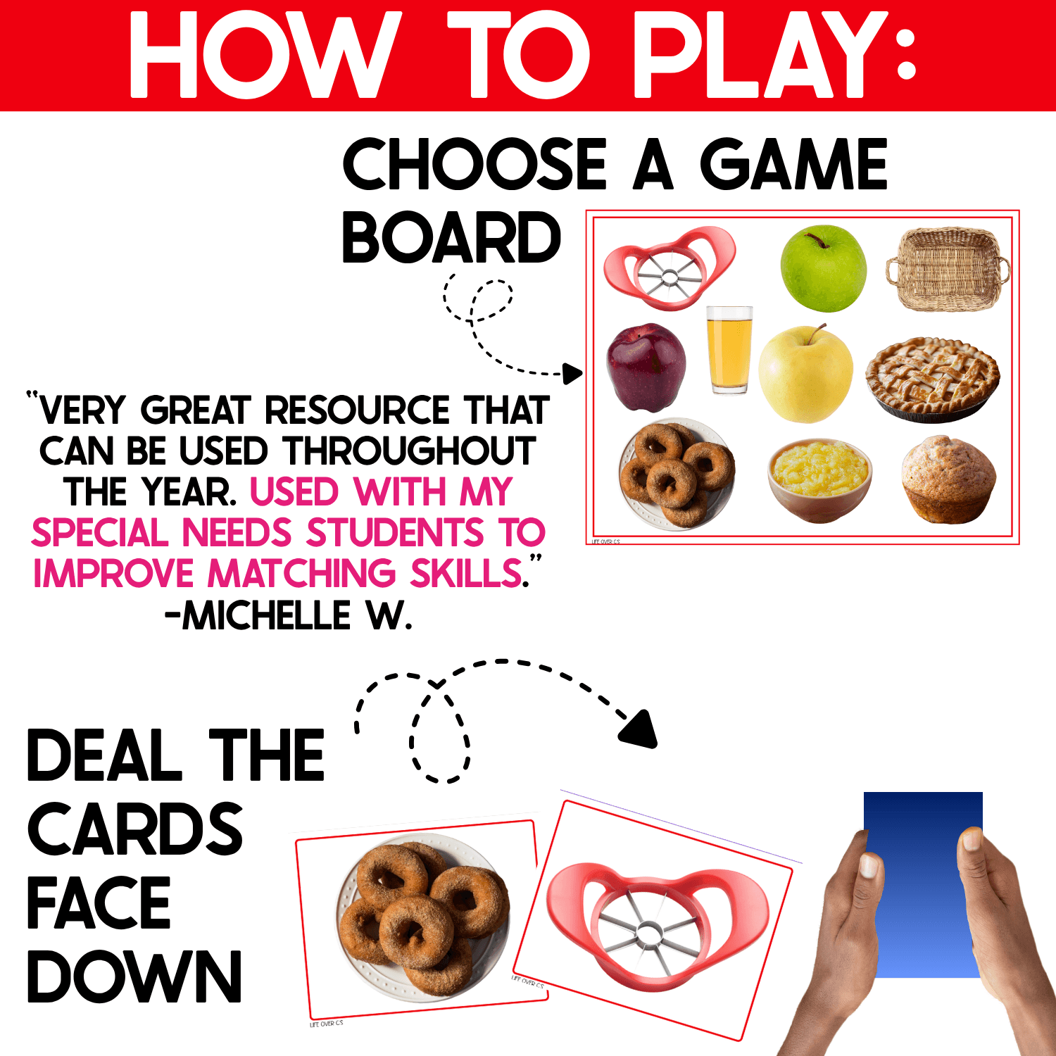 How to play the Apples I Spy Junior game: choose a real-photo apple game board, deal the picture cards face down, and prepare to flip, search, and match apple vocabulary during play.