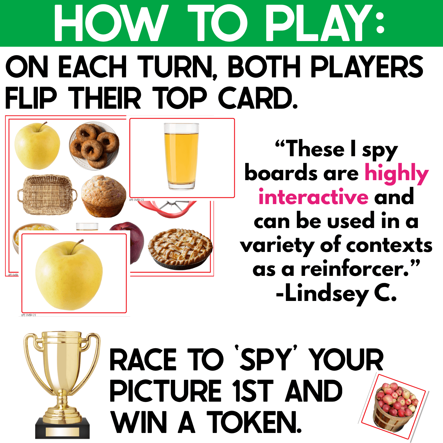 Apples I Spy Junior gameplay example showing two players flipping apple picture cards, searching the real-photo game board, and racing to spy the matching picture first to win a token.