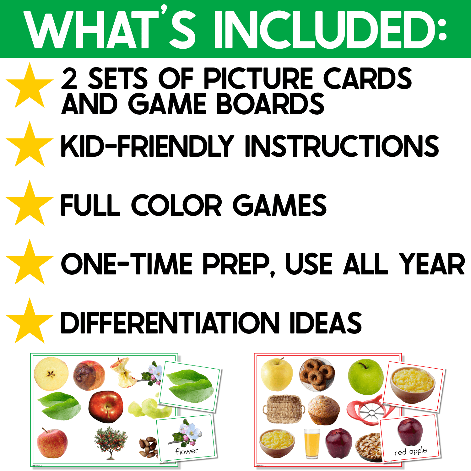 What’s included in the Apples I Spy Junior resource: two sets of real-photo apple picture cards and game boards, kid-friendly instructions, full-color games, and differentiation ideas for repeated preschool play.