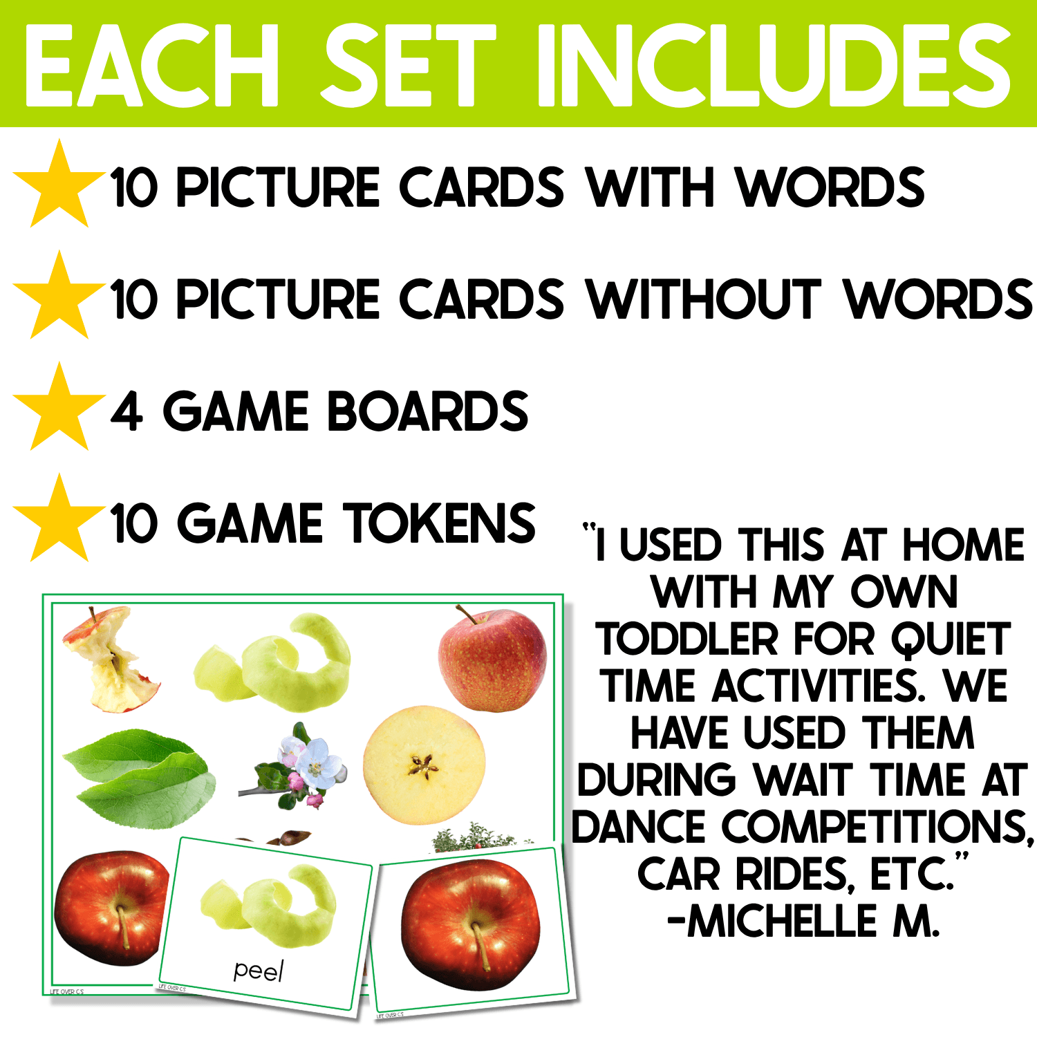 Apples I Spy Junior contents showing 10 picture cards with words, 10 without words, four game boards, and 10 tokens in each set, with real photos of apples, apple peels, blossoms, slices, and trees.