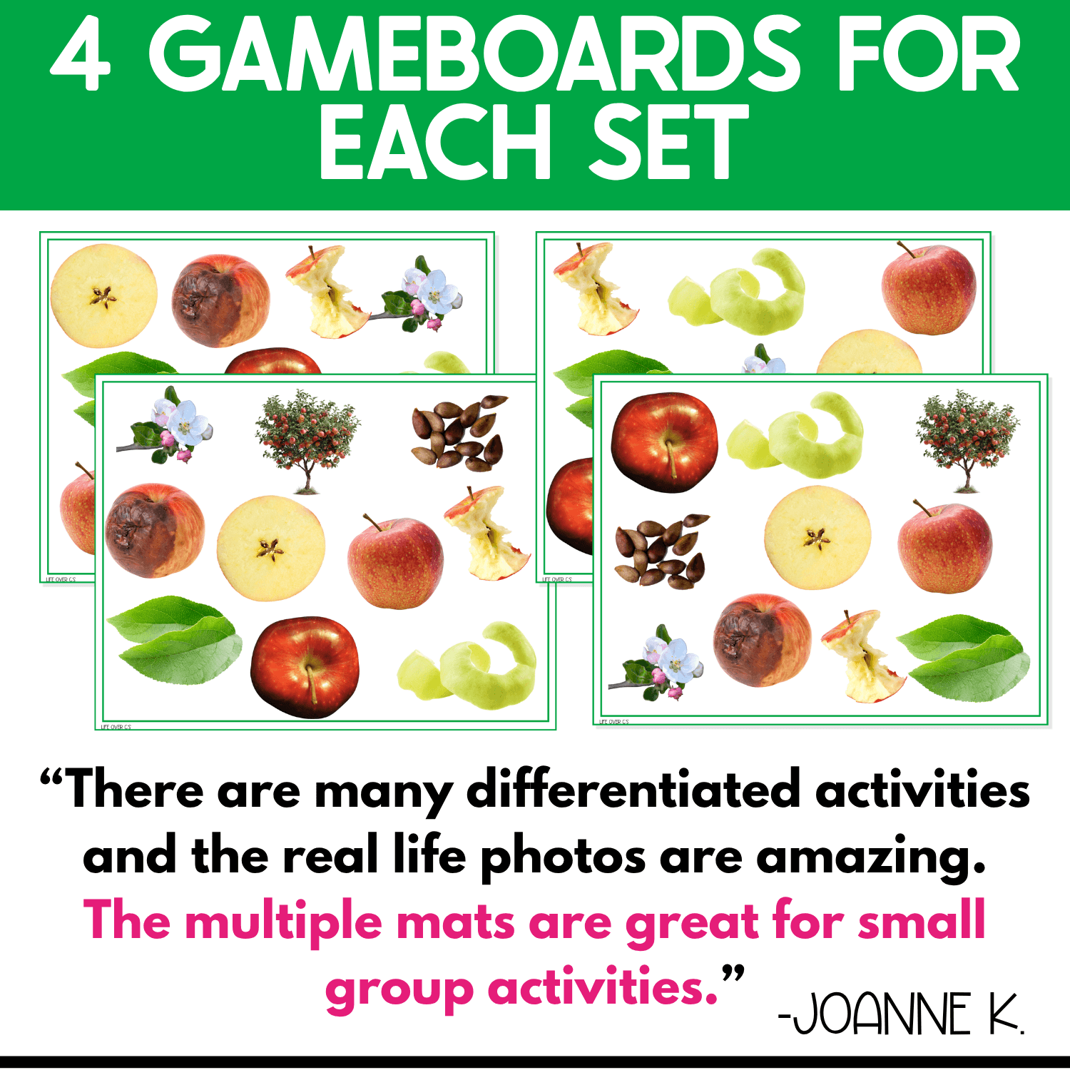 Four Apples I Spy Junior game boards shown with varied arrangements of real apple photos, including red and yellow apples, apple slices, blossoms, apple trees, peels, seeds, and other apple vocabulary.