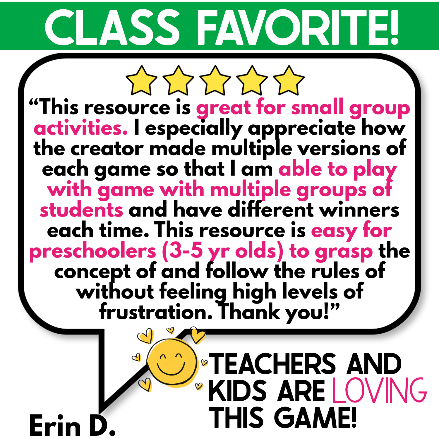 Class Favorite review graphic for the Apples I Spy Junior game highlighting multiple game versions, small-group use, and accessible play for preschoolers ages 3 to 5.