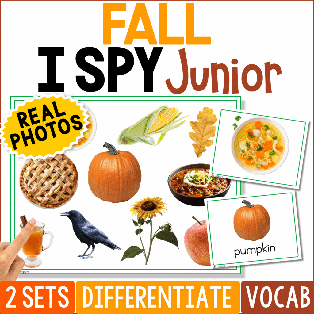 Fall I Spy Junior board game cover featuring real photos of a pumpkin, corn, apple pie, crow, sunflower, apple, fall leaves, and seasonal foods for preschool vocabulary and visual discrimination practice.