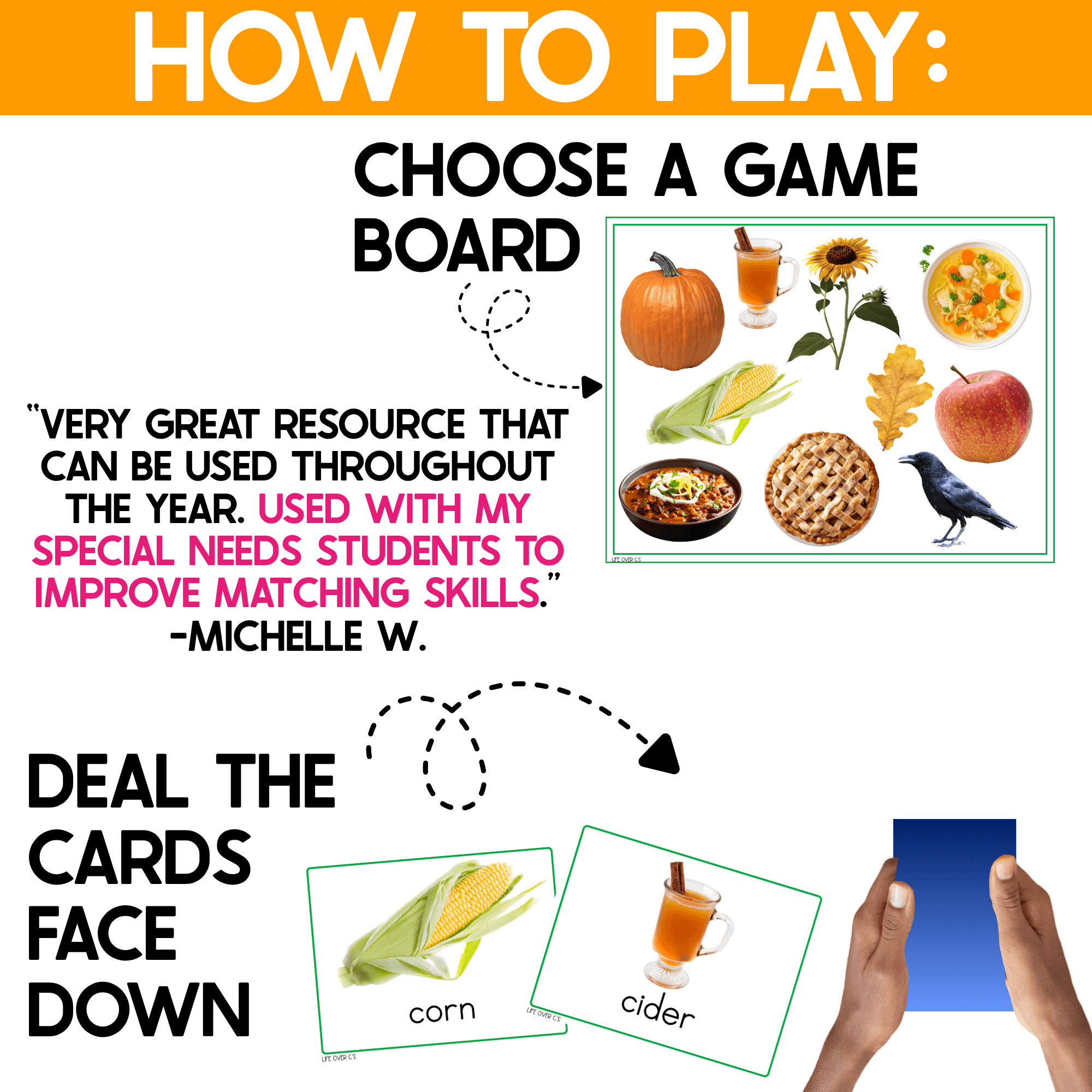 How to play the Fall I Spy Junior game: choose a real-photo fall game board with pumpkin, corn, sunflower, pie, crow, apple, and cider pictures, then deal the seasonal picture cards face down.