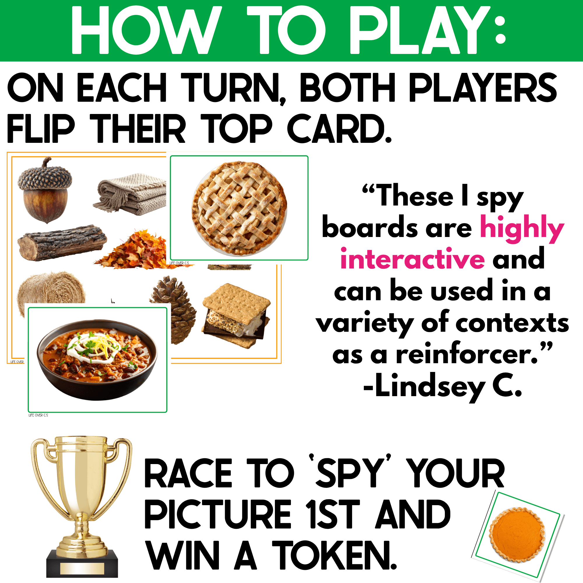 Fall I Spy Junior gameplay showing players flipping real-photo cards, searching for the matching fall picture, and racing to spy it first to earn a token, with acorn, leaves, logs, and other autumn objects pictured.