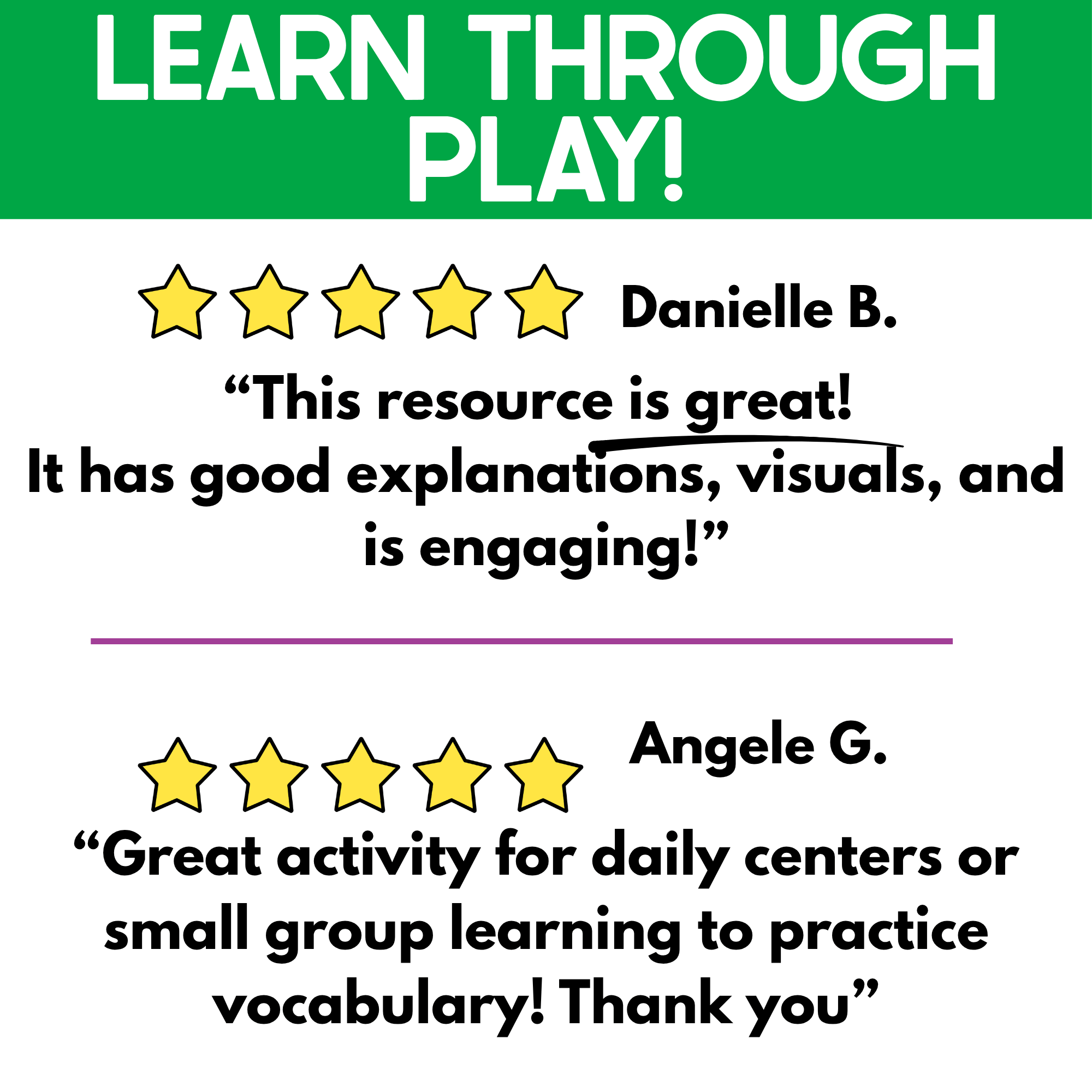 Learn Through Play review graphic for the Fall I Spy Junior game featuring five-star feedback about engaging visuals, vocabulary practice, daily centers, and small-group learning.