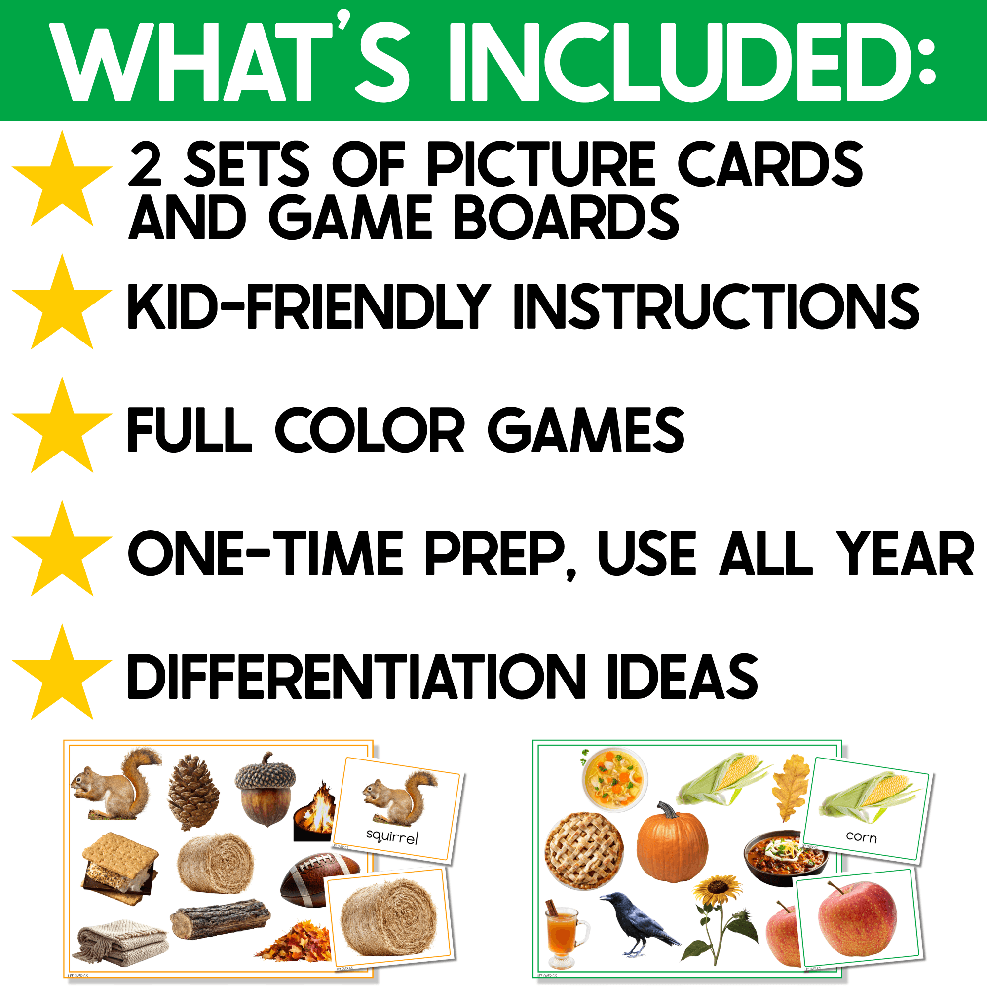 What’s included in the Fall I Spy Junior activity: two real-photo fall game sets, picture cards and boards, kid-friendly directions, full-color games, and differentiation ideas for repeated preschool practice.