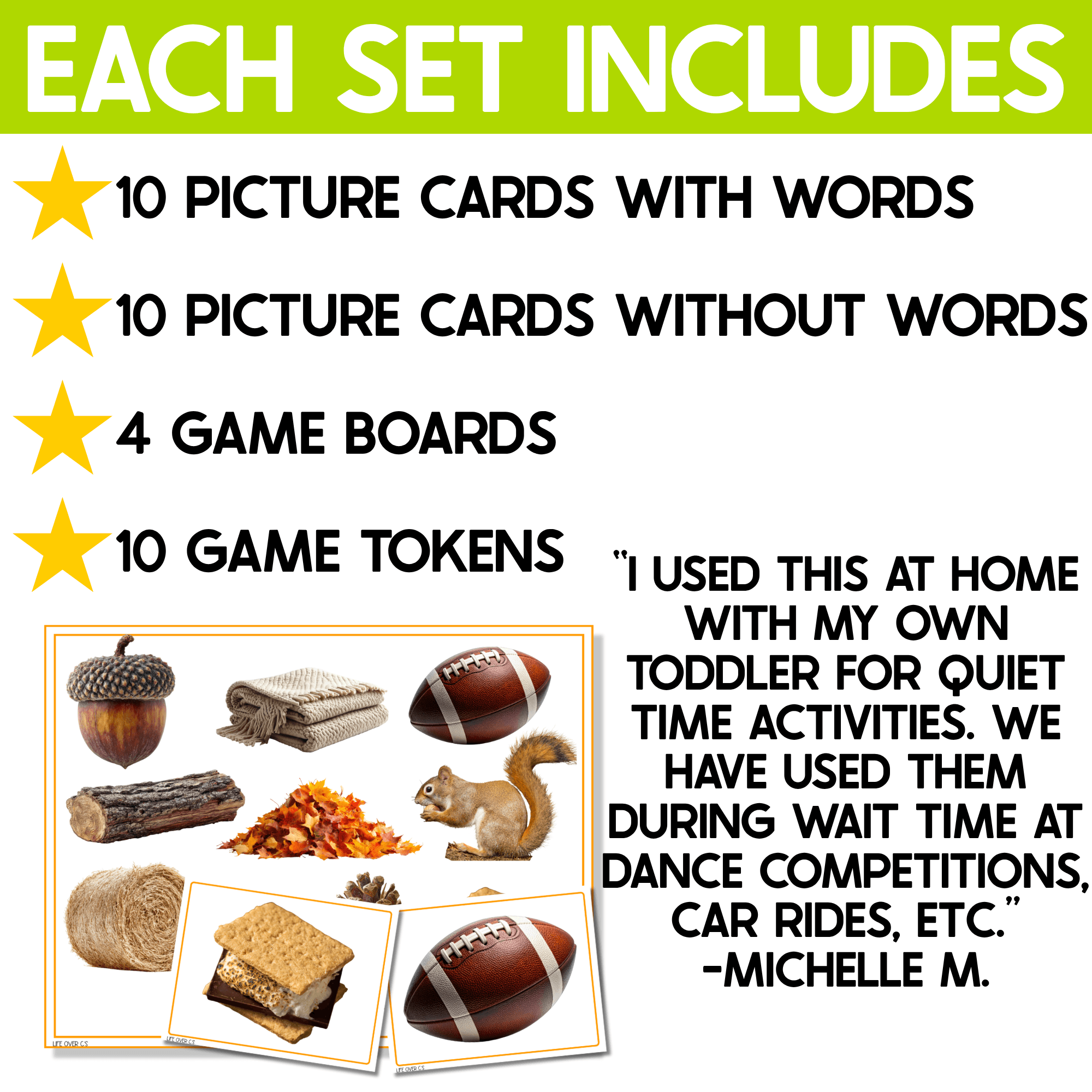 Fall I Spy Junior contents showing 10 word-supported picture cards, 10 picture-only cards, four game boards, and 10 tokens per set, with real photos of acorns, logs, footballs, squirrels, leaves, hay, and s’mores.