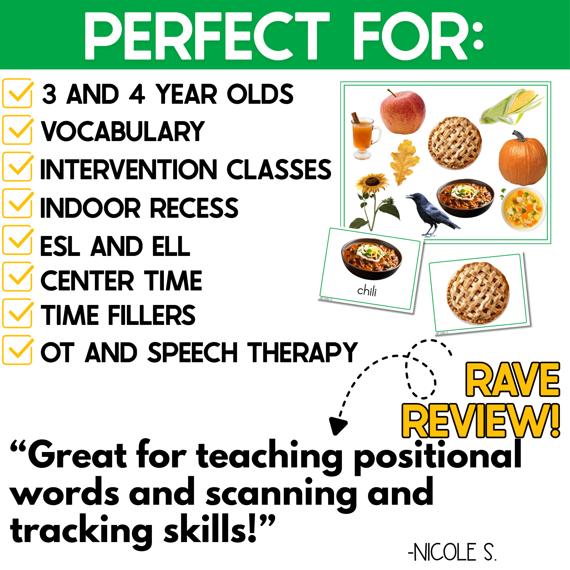 Fall I Spy Junior game for 3- and 4-year-olds featuring autumn vocabulary picture cards and a real-photo board with pumpkin, sunflower, crow, corn, apple, pie, cider, and chili for visual scanning and matching.