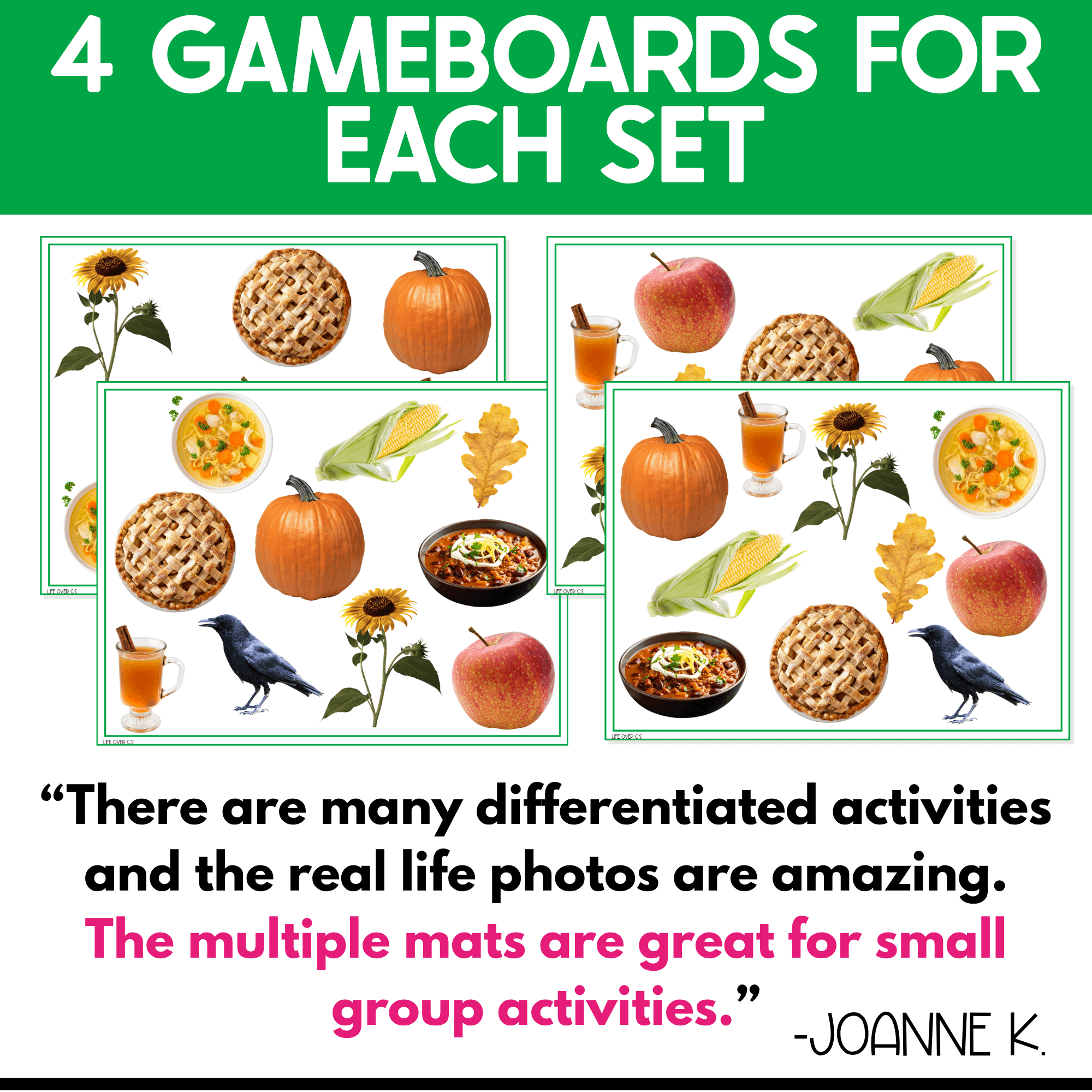 Four Fall I Spy Junior game boards shown with different arrangements of real autumn photos, including pumpkins, sunflowers, apples, corn, pie, cider, crow, and other familiar fall vocabulary.