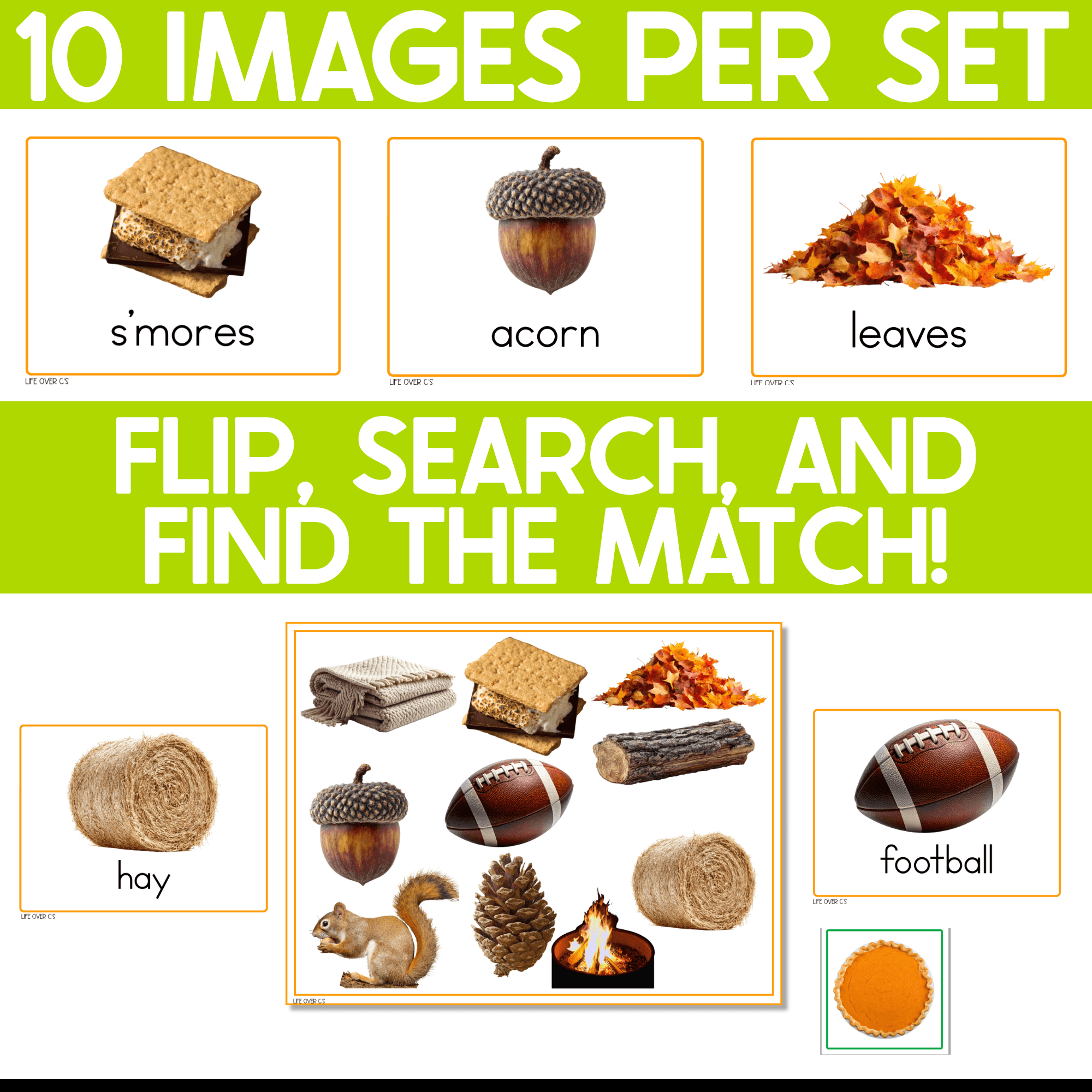 Fall I Spy Junior matching game example featuring real-photo cards for s’mores, acorn, leaves, hay, and football as children flip a card, search the fall game board, and find the matching picture.