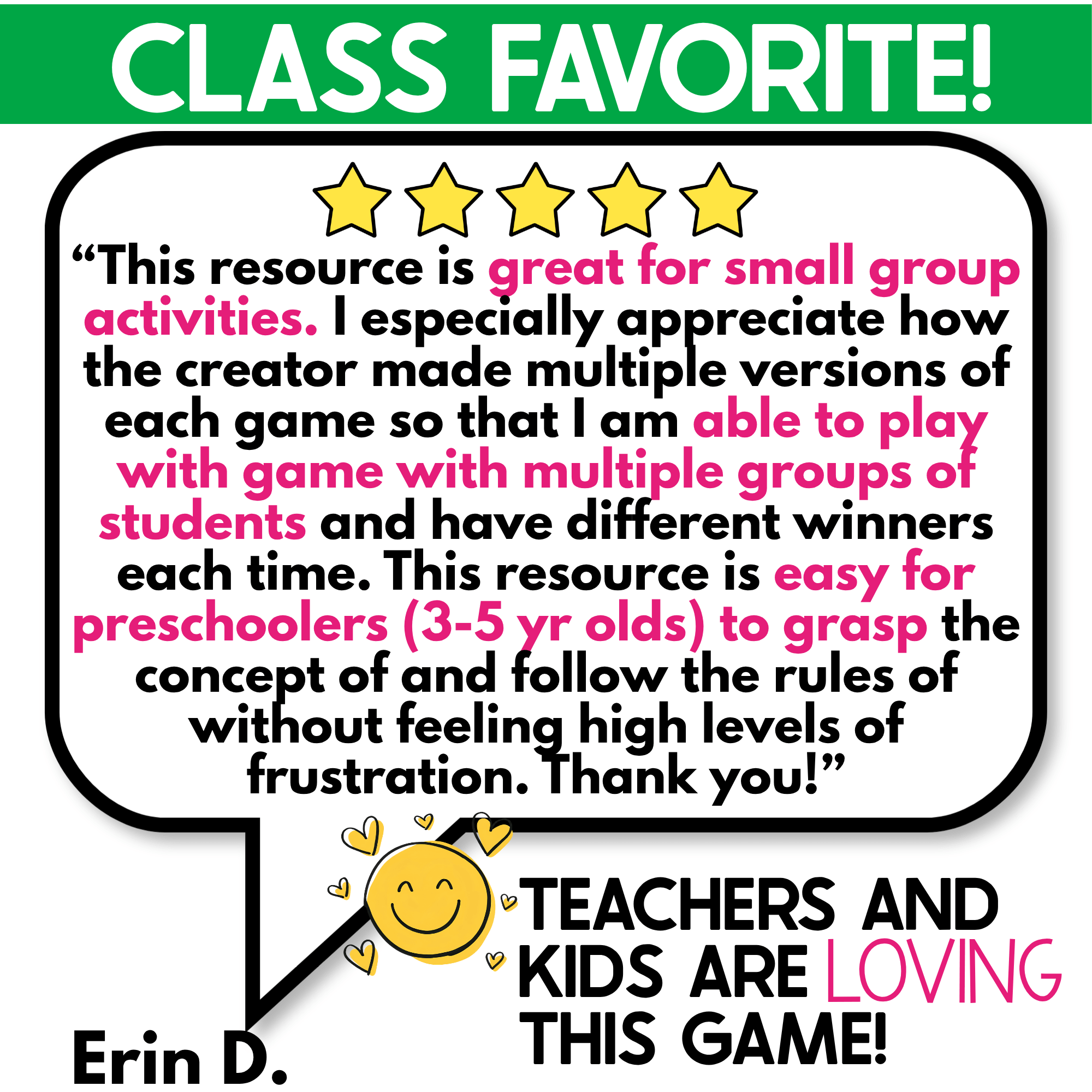 Class Favorite review graphic for the Fall I Spy Junior game highlighting differentiated versions, small-group play, and an easy-to-follow matching format for preschool children.