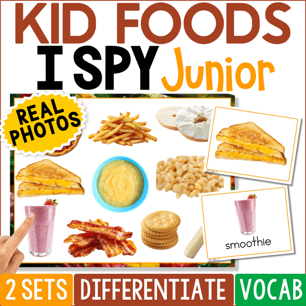Kid Foods I Spy Junior board game cover featuring real photos of french fries, grilled cheese, macaroni, bacon, crackers, smoothie, and other familiar children’s foods for preschool vocabulary and visual discrimination.