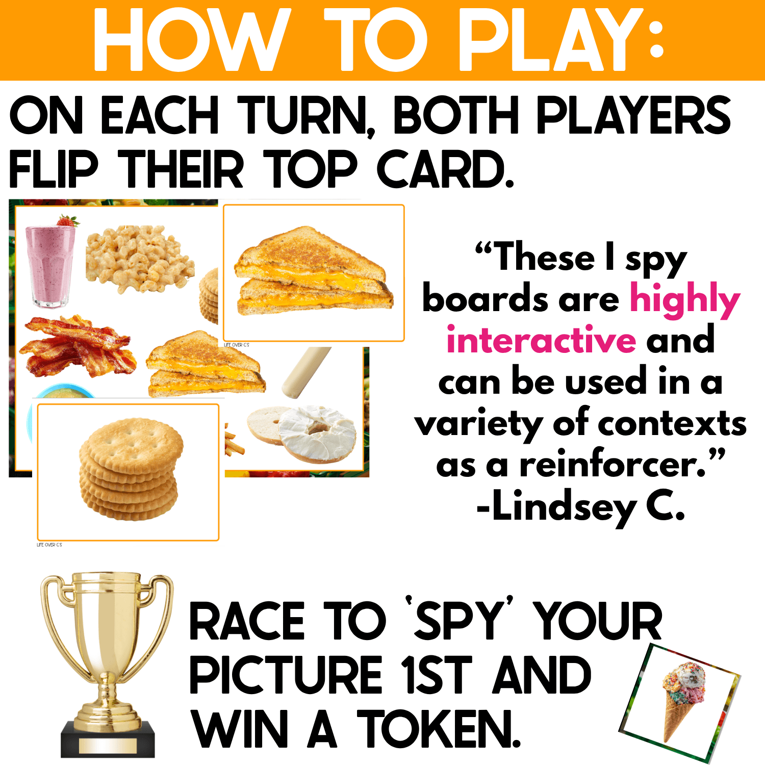 Kid Foods I Spy Junior gameplay showing players flipping familiar food picture cards, scanning the real-photo foods board, and racing to spy the matching picture first to win a game token.