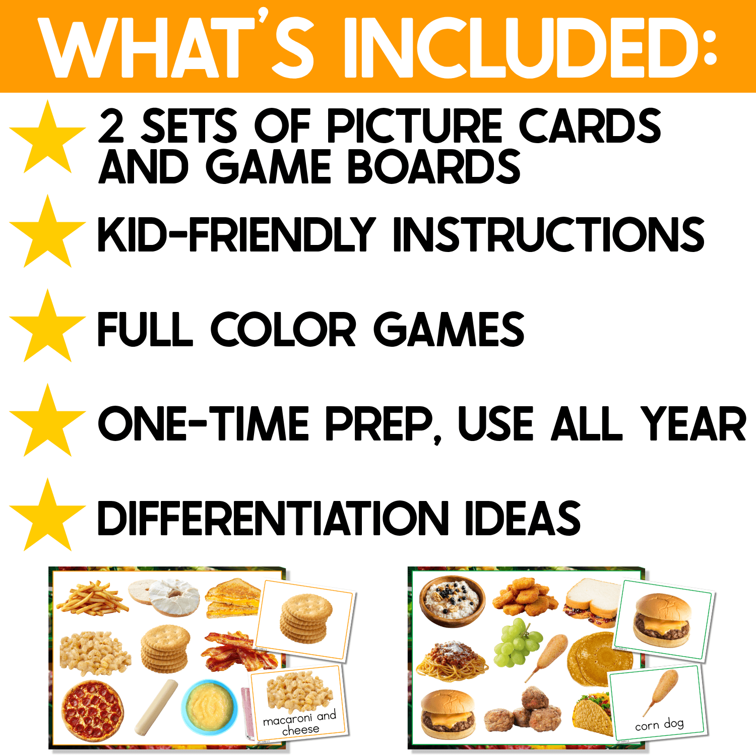 What’s included in the Fall I Spy Junior activity: two real-photo fall game sets, picture cards and boards, kid-friendly directions, full-color games, and differentiation ideas for repeated preschool practice.