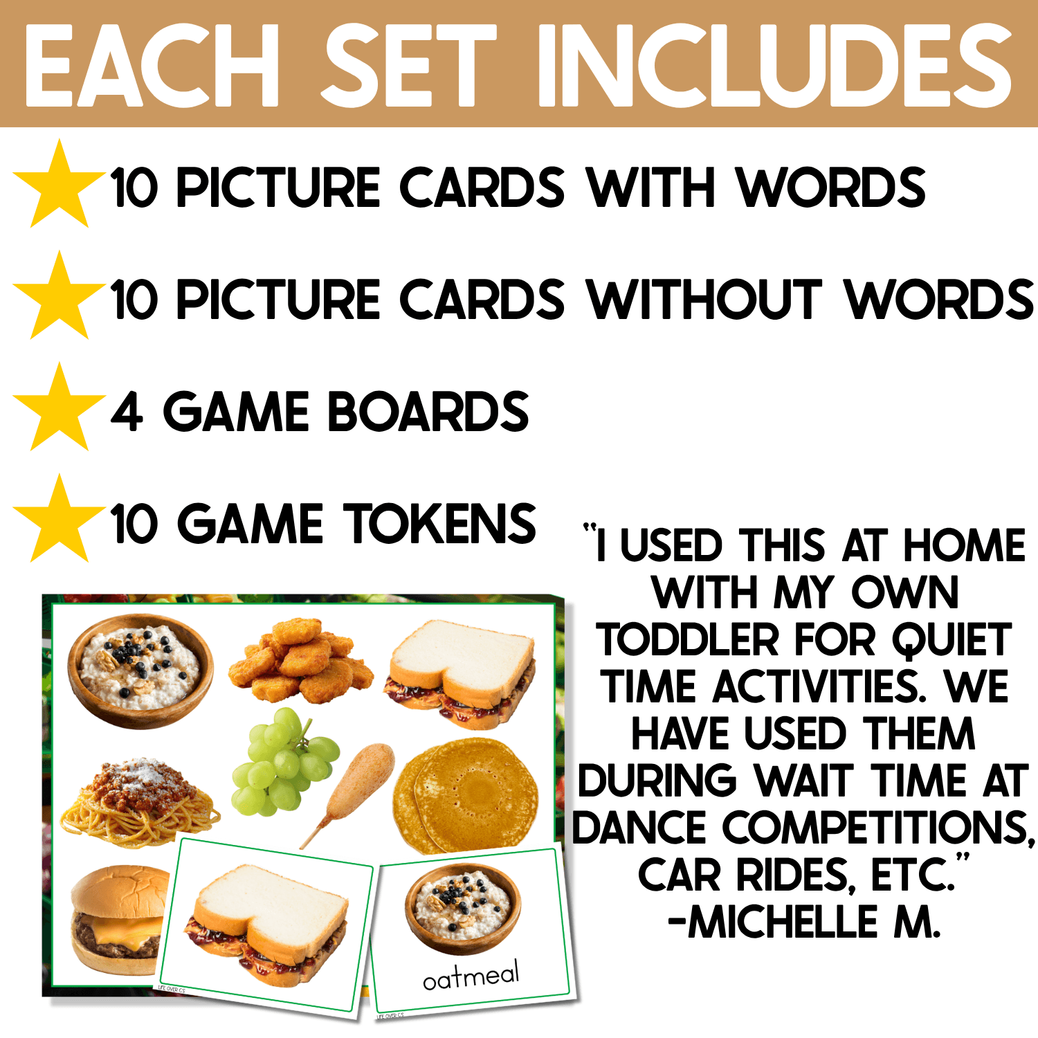 Kid Foods I Spy Junior contents showing 10 picture cards with words, 10 without words, four game boards, and 10 tokens per set, with real photos of oatmeal, nuggets, sandwiches, grapes, tacos, burgers, and spaghetti.