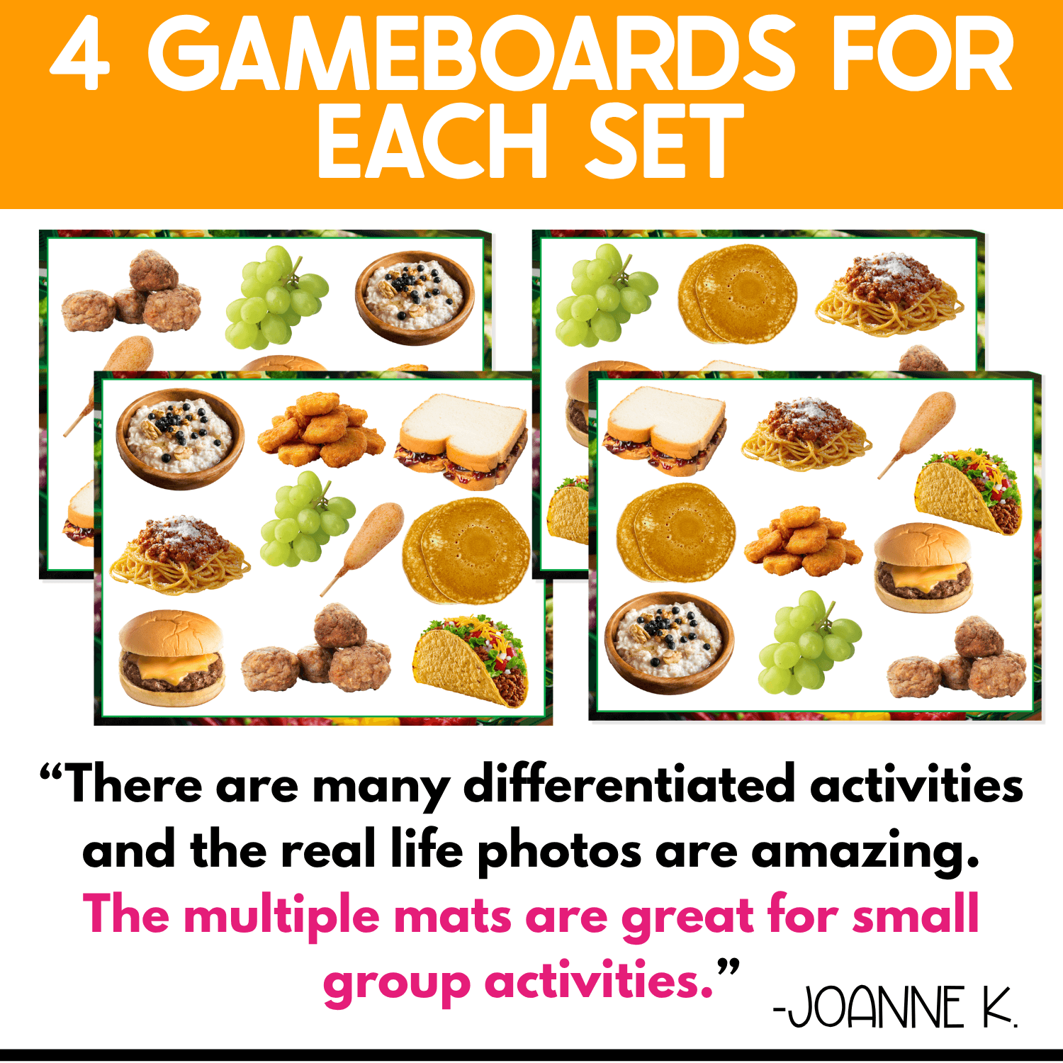 Four Kid Foods I Spy Junior game boards shown with varied arrangements of familiar real-photo foods, giving preschoolers multiple boards for food vocabulary, matching, and visual discrimination practice.
