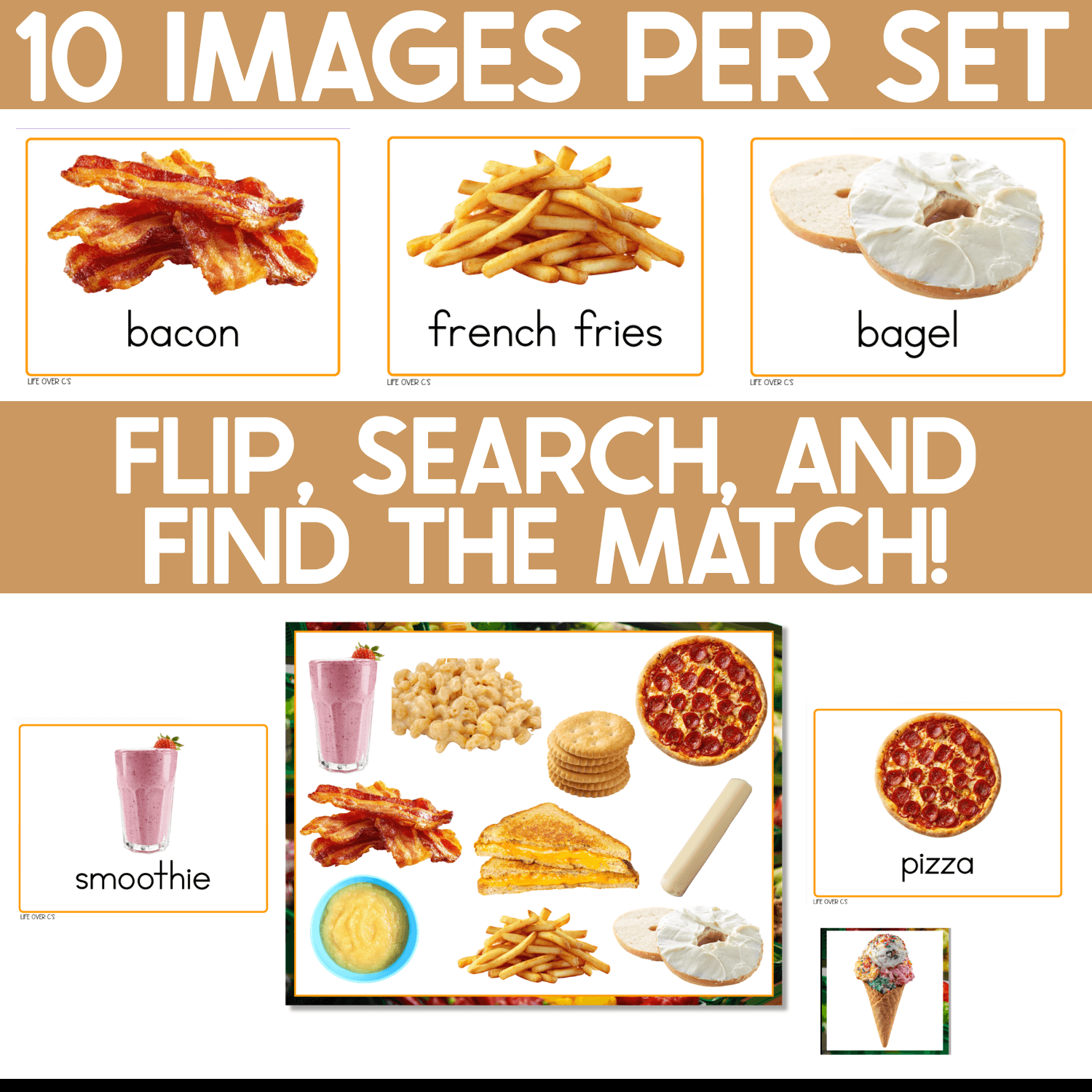 Kid Foods I Spy Junior matching example featuring real-photo cards for bacon, french fries, bagel, smoothie, and pizza as children flip a card, search the food game board, and find the matching picture.