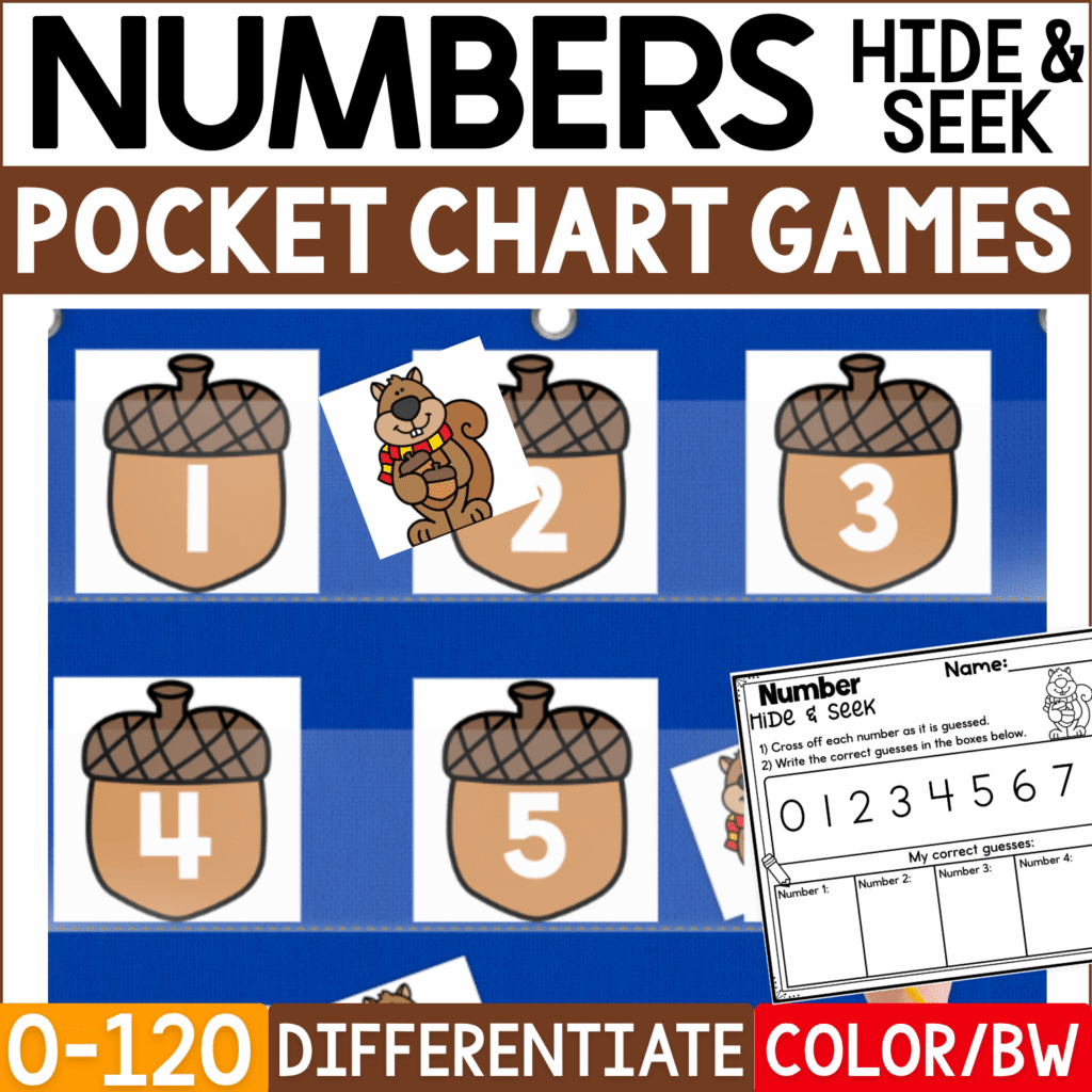 Fall Numbers Hide and Seek pocket chart game cover featuring brown acorn number cards with numerals 1, 2, 3, 4, and 5 displayed in a blue classroom pocket chart. Cute squirrel hiding cards peek from behind selected acorns, while a Number Hide & Seek recording page shows number choices beginning with 0-7 and spaces for students to record correct guesses. Product cover highlights numbers 0-120, differentiation, and color and black-and-white formats for fall number recognition, circle time, math centers, preschool, kindergarten, and first grade pocket chart activities.