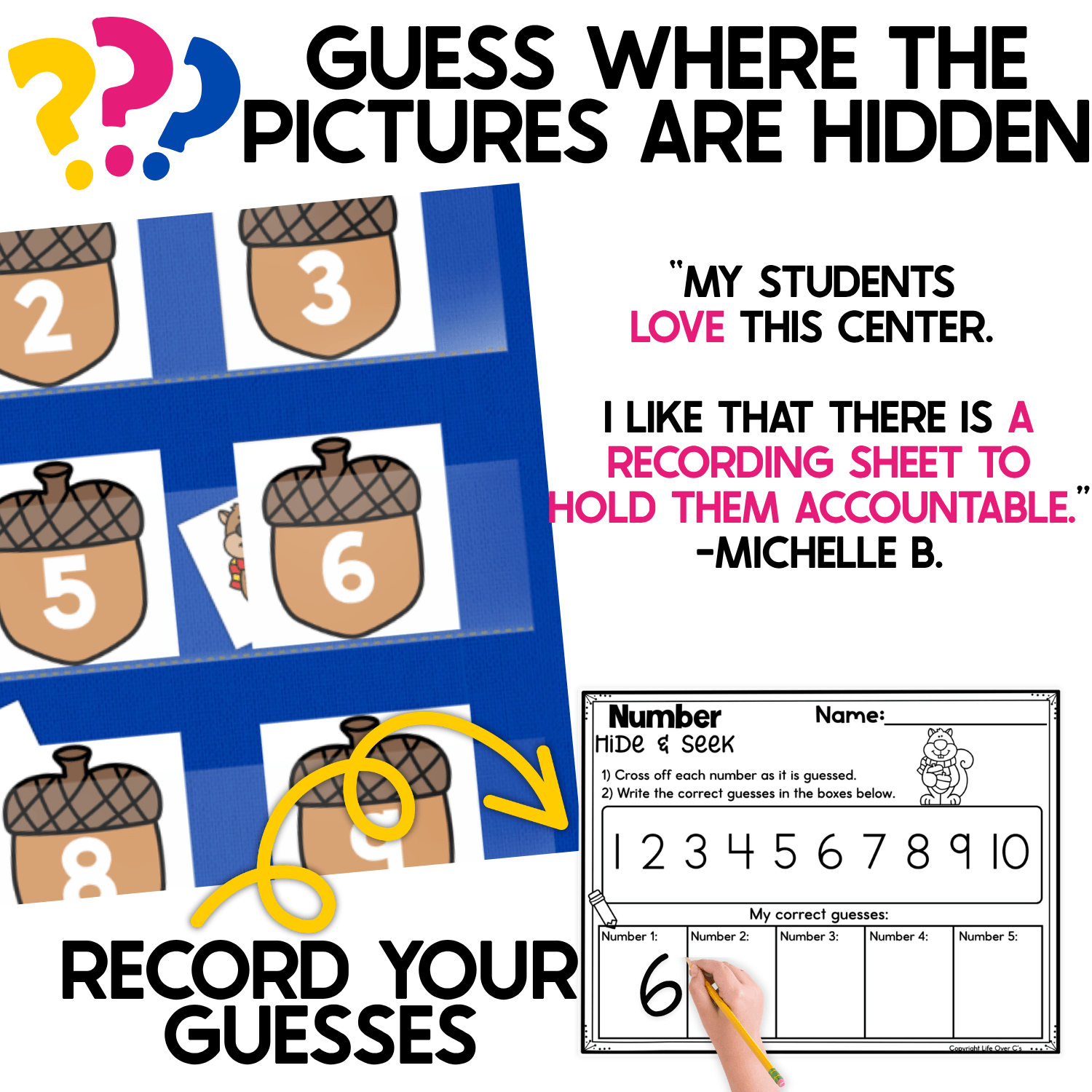 Fall Number Hide and Seek pocket chart activity showing acorn number cards arranged in a blue classroom pocket chart with squirrel picture cards hidden behind selected numbers. Acorn cards with numbers 2, 3, 5, 6, 8, and 9 are visible, while a curved arrow points from the game to a Number Hide & Seek recording sheet where students cross off guessed numbers and record correct guesses. Large text reads “Guess Where the Pictures Are Hidden” and “Record Your Guesses,” highlighting interactive number recognition, prediction, and recording practice for math centers and small groups.