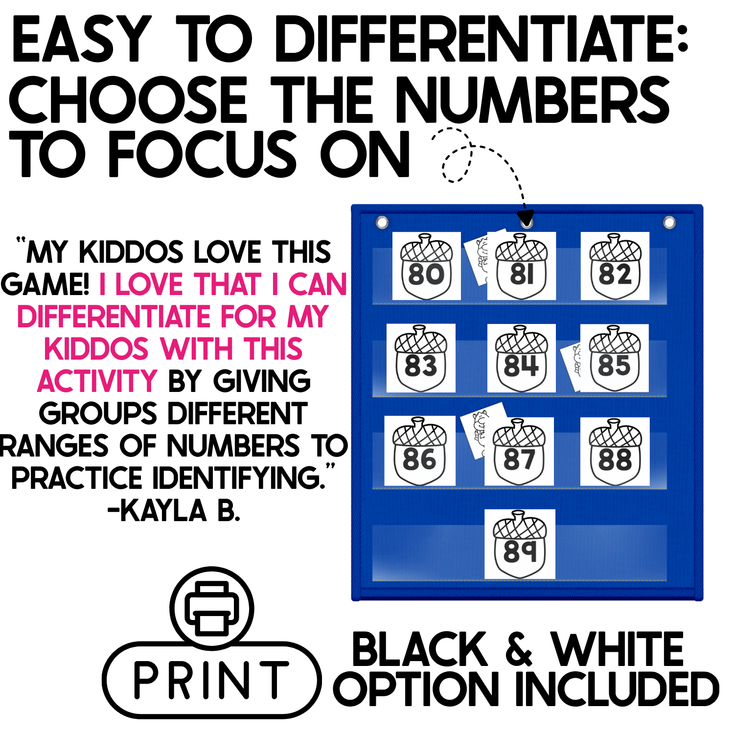 Easy-to-differentiate Number Hide and Seek pocket chart game showing black-and-white acorn cards numbered 80-89 arranged in a blue classroom pocket chart with squirrel hiding cards tucked behind selected numbers. Large text explains that teachers can choose the exact numbers or number range students practice, while a teacher review highlights using different number ranges with different groups. The image also notes that a black-and-white printing option is included, making the fall number recognition game flexible for small groups, intervention, and differentiated kindergarten or first grade math practice.