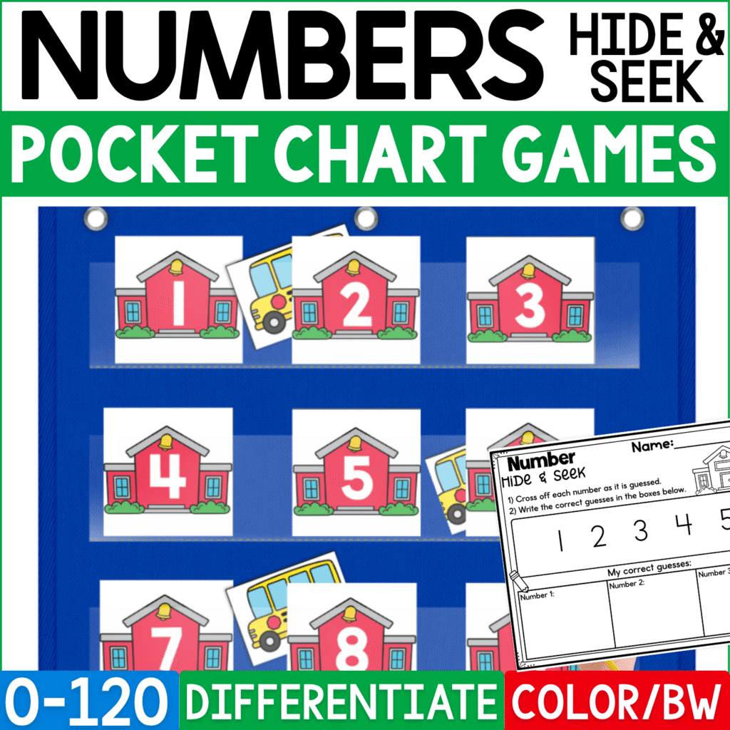 Back to School Numbers Hide and Seek pocket chart game featuring bright red schoolhouse number cards displayed in a blue classroom pocket chart. School cards show numerals 1, 2, 3, 4, 5, 7, and 8, with yellow school bus hiding cards tucked behind selected numbers for an interactive number recognition guessing game. A Number Hide & Seek recording page is layered over the pocket chart so students can cross off guessed numbers and record correct guesses. Product cover highlights numbers 0-120, differentiation, and color and black-and-white formats for back-to-school math centers, circle time, preschool, kindergarten, and first grade number practice.