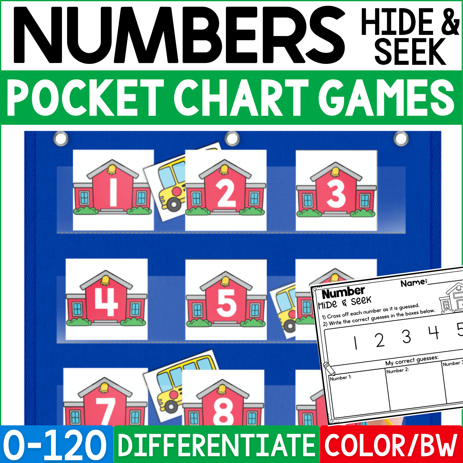 Back to School Numbers Hide and Seek pocket chart game featuring bright red schoolhouse number cards displayed in a blue classroom pocket chart. School cards show numerals 1, 2, 3, 4, 5, 7, and 8, with yellow school bus hiding cards tucked behind selected numbers for an interactive number recognition guessing game. A Number Hide & Seek recording page is layered over the pocket chart so students can cross off guessed numbers and record correct guesses. Product cover highlights numbers 0-120, differentiation, and color and black-and-white formats for back-to-school math centers, circle time, preschool, kindergarten, and first grade number practice.
