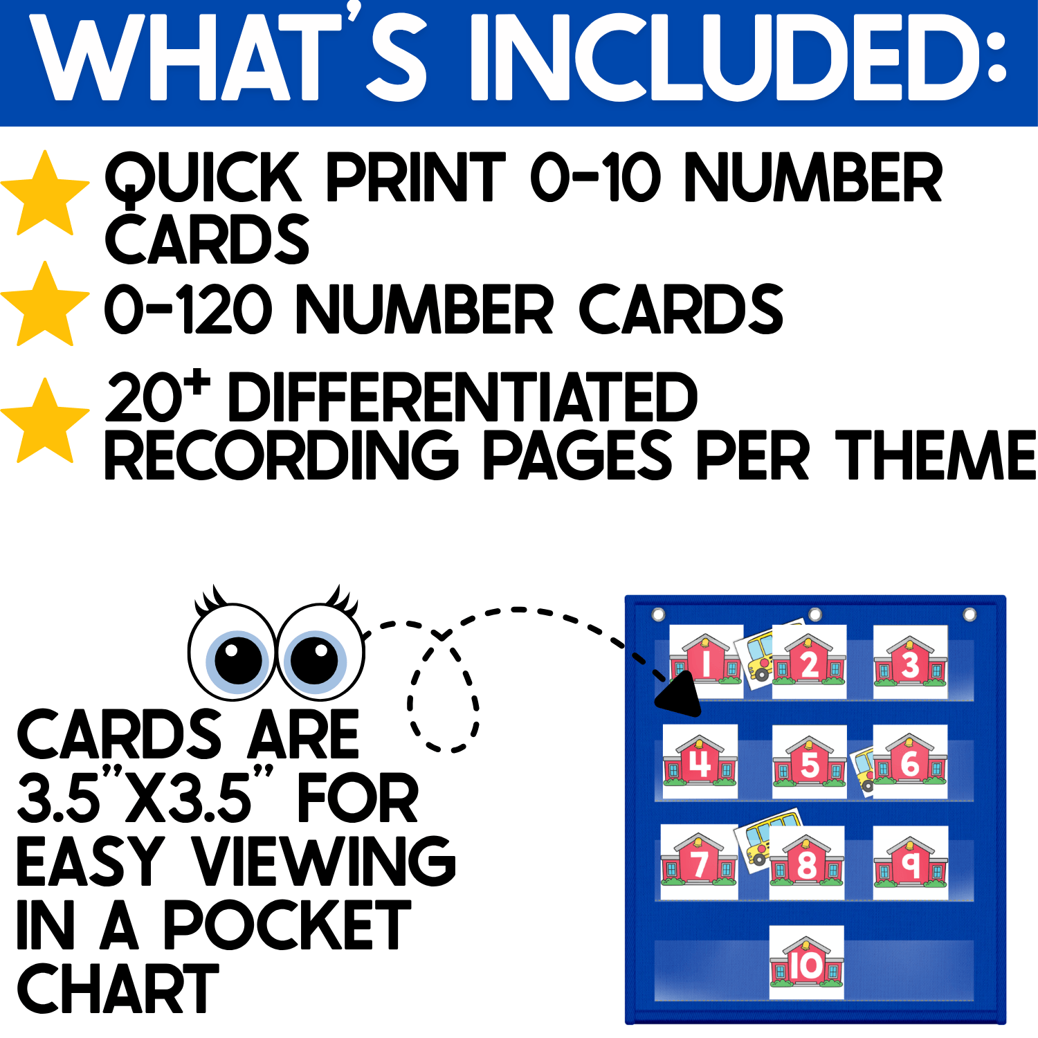 What’s Included page for the Back to School Number Hide and Seek pocket chart game showing quick-print number cards 0-10, number cards 0-120, and more than 20 differentiated recording pages per theme. A sample blue pocket chart displays red schoolhouse number cards 1-10 with school bus hiding cards tucked behind selected numbers. Additional text notes that the 3.5-inch square cards are designed for easy viewing in a pocket chart, highlighting flexible number recognition materials for kindergarten, first grade, small groups, circle time, and differentiated math instruction.