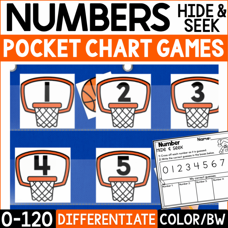 Basketball Numbers Hide and Seek pocket chart game featuring basketball hoop number cards with numerals 1, 2, 3, 4, and 5 displayed in a blue classroom pocket chart. Orange basketball hiding cards peek from behind selected hoops, while a Number Hide & Seek recording page gives students space to cross off guessed numbers and record correct guesses. Product cover highlights number recognition from 0-120, easy differentiation, and color and black-and-white formats for basketball math centers, circle time, kindergarten, first grade, and sports-themed number practice.