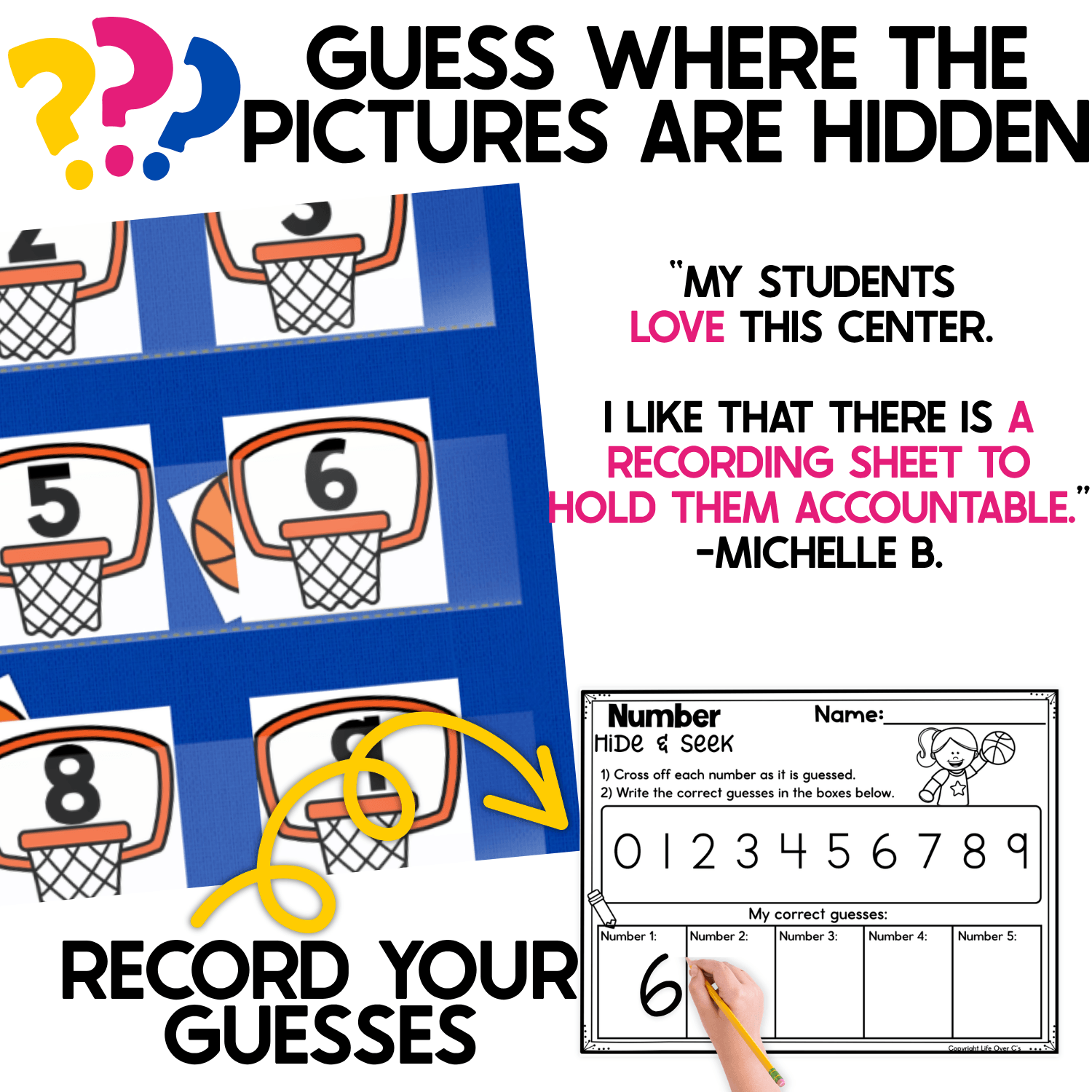 Basketball Number Hide and Seek game demonstrating how students guess where basketball pictures are hidden behind numbered basketball hoops. A close-up of the pocket chart shows hoop cards including 2, 3, 5, 6, 8, and 9, with a basketball peeking from behind one card. A curved arrow points to a Number Hide & Seek recording sheet displaying numbers 0-9 while a child’s hand writes the number 6 in the correct guesses section, highlighting number recognition, prediction, numeral writing, and recording during interactive math practice.