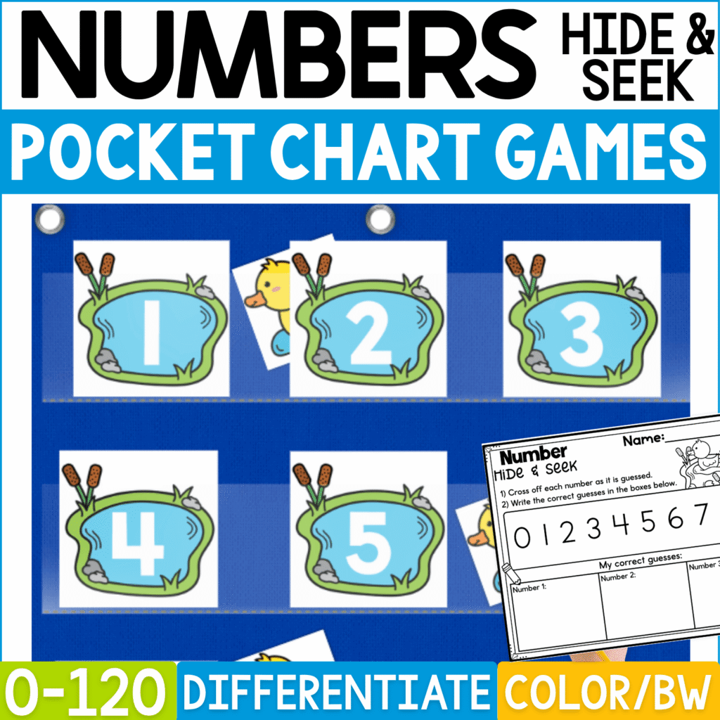 Duck Pond Numbers Hide and Seek pocket chart game cover featuring blue pond number cards with numerals 1, 2, 3, 4, and 5 displayed in a blue classroom pocket chart. Yellow duck hiding cards peek from behind selected pond numbers, while a Number Hide & Seek recording page lets students cross off guessed numbers and record correct guesses. Product cover highlights numbers 0-120, differentiation, and color and black-and-white formats for pond-themed math centers, circle time, kindergarten, first grade, and number recognition practice.