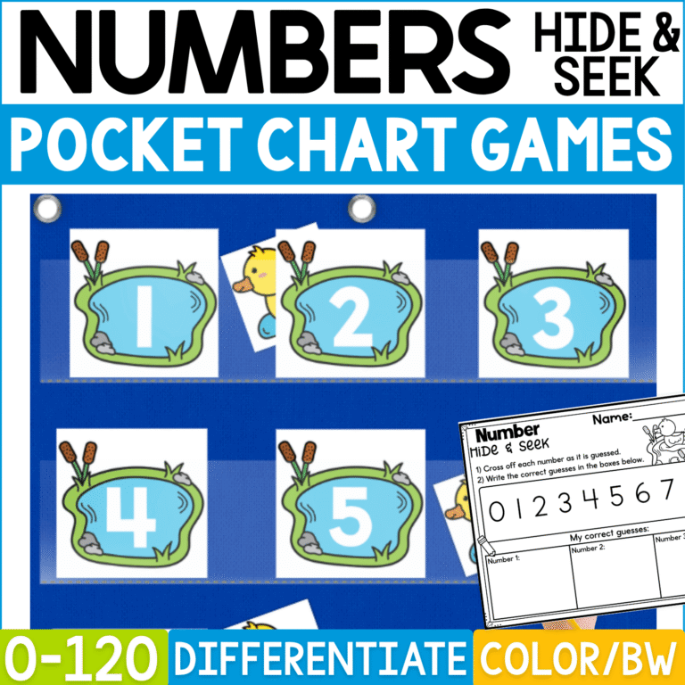 Duck Pond Numbers Hide and Seek pocket chart game cover featuring blue pond number cards with numerals 1, 2, 3, 4, and 5 displayed in a blue classroom pocket chart. Yellow duck hiding cards peek from behind selected pond numbers, while a Number Hide & Seek recording page lets students cross off guessed numbers and record correct guesses. Product cover highlights numbers 0-120, differentiation, and color and black-and-white formats for pond-themed math centers, circle time, kindergarten, first grade, and number recognition practice.