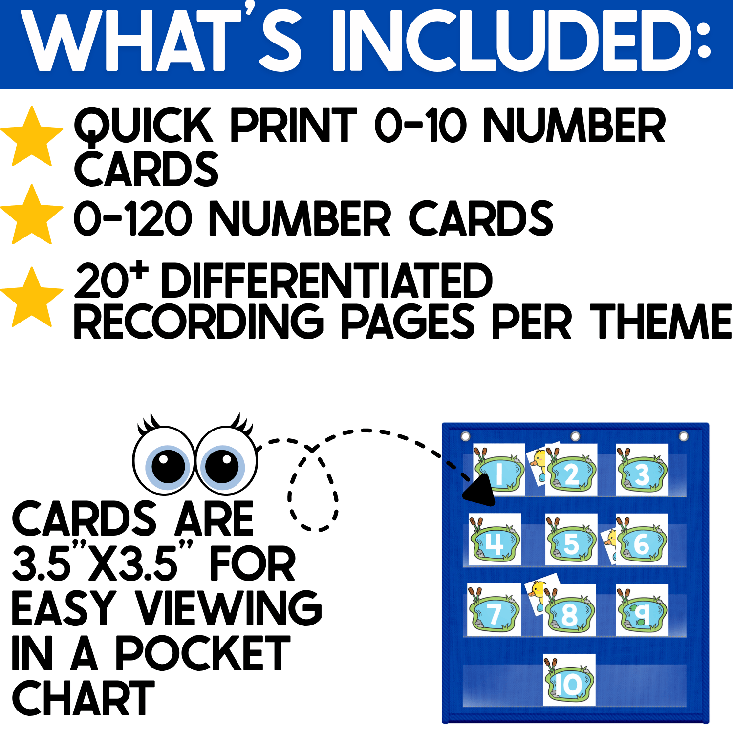 What’s Included page for the Duck Pond Number Hide and Seek pocket chart game listing quick-print number cards 0-10, complete number cards 0-120, and more than 20 differentiated recording pages per theme. A sample blue pocket chart displays pond number cards 1-10 with yellow duck hiding cards tucked behind selected numbers. The image also notes that the 3.5-inch square cards are sized for easy viewing in a pocket chart, supporting number recognition practice during circle time, math centers, small groups, kindergarten, and first grade.